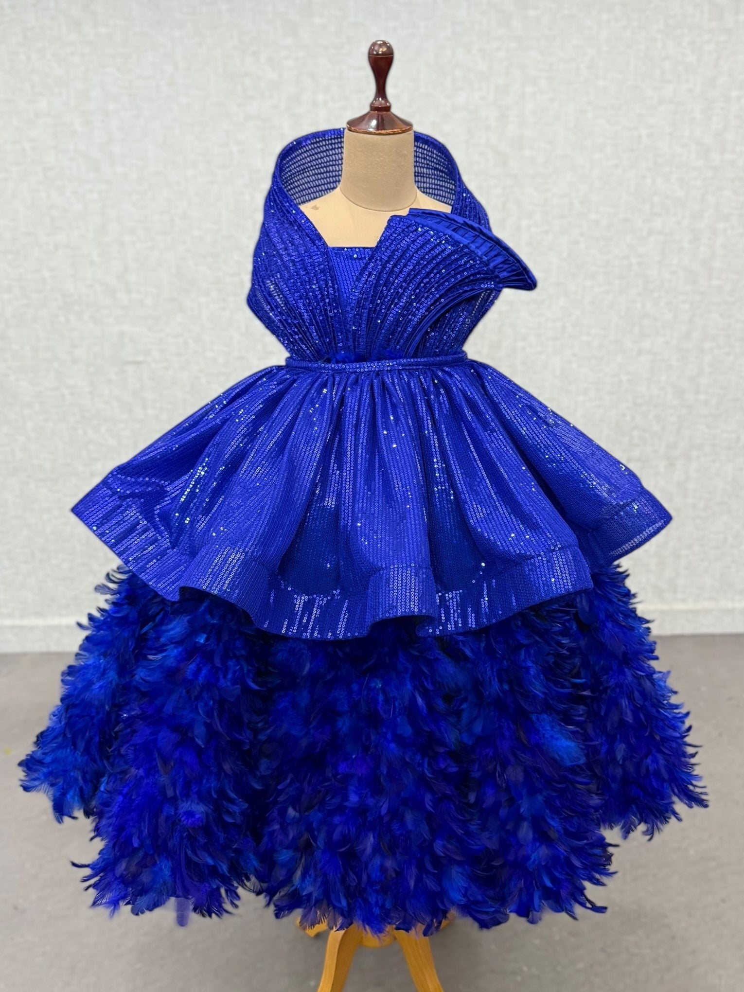 royal blue feather structure ball with detachable sequin skirt