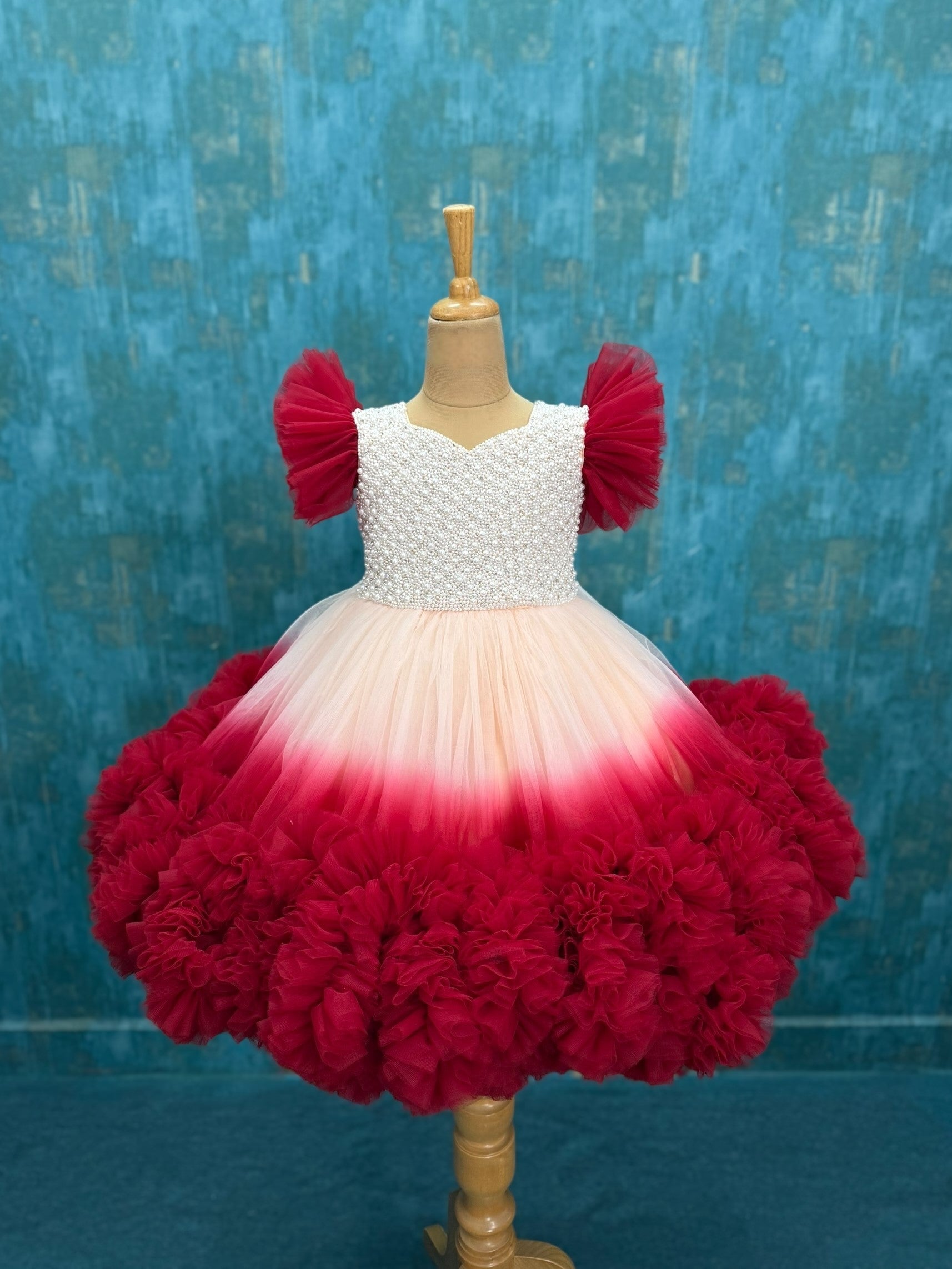 PEACH AND MAROON 3D RUFFLE DRESS WITH PEARL INTRICATE WORK