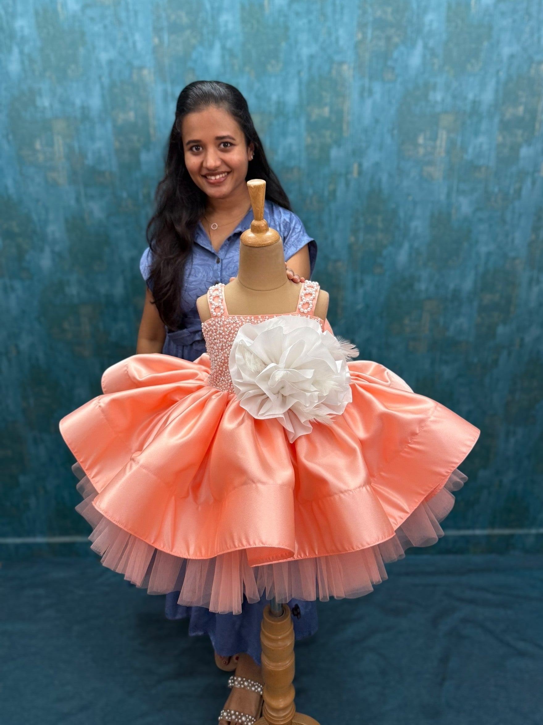 peach satin dress with pearl strap and pearl embroidered top