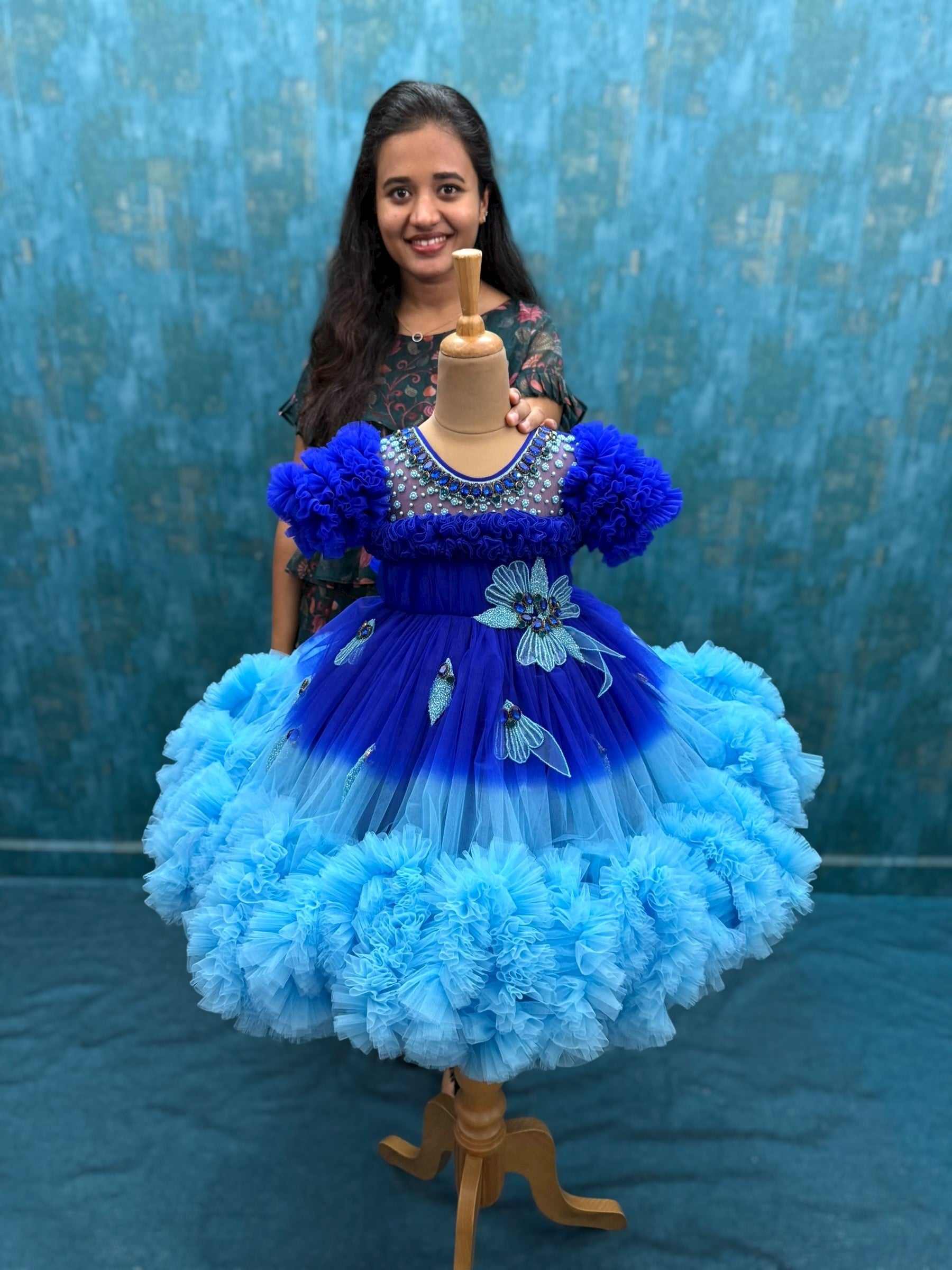 blue ombre shaded couture gown with hand crafted flowers