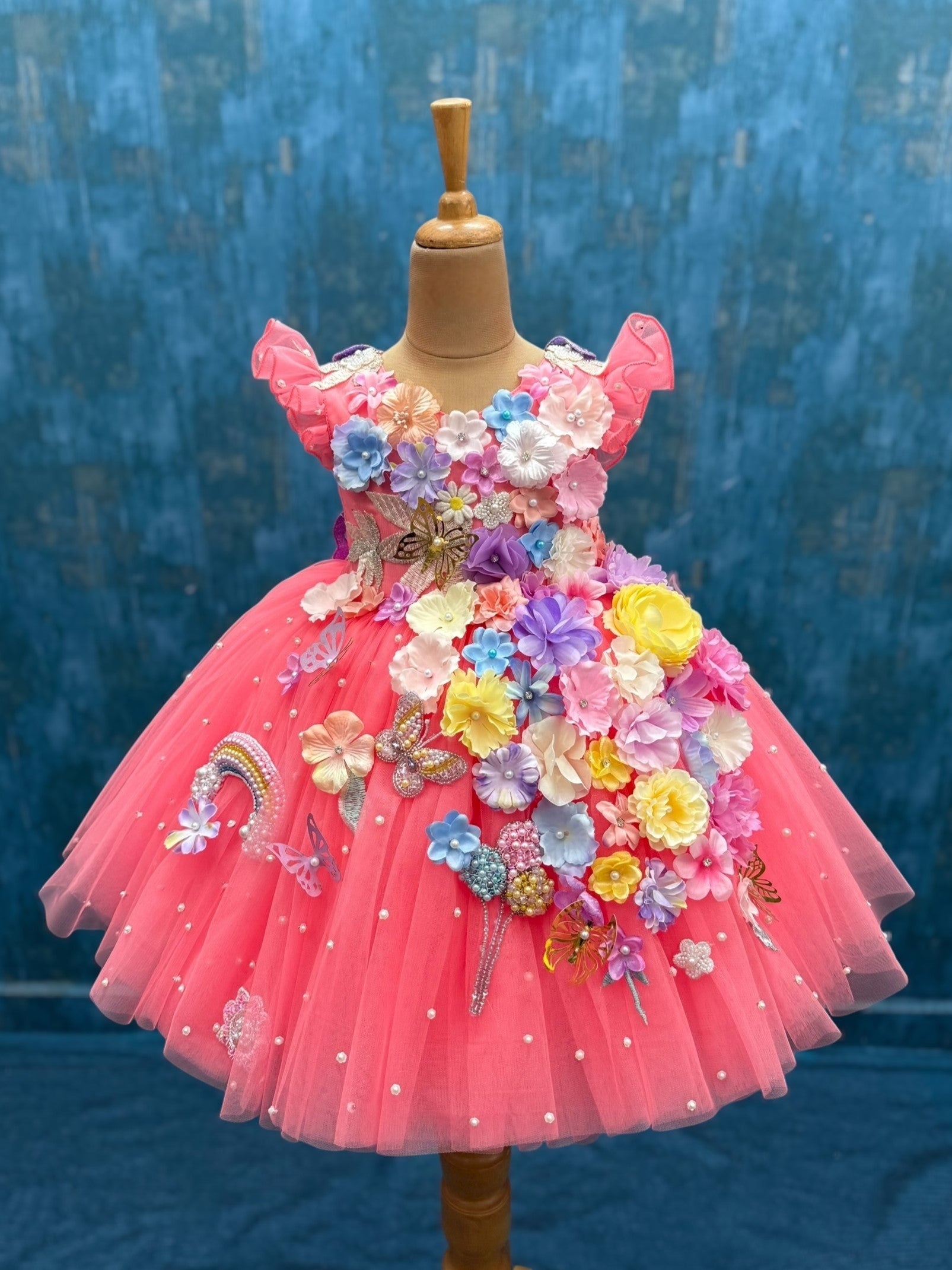 peach magical floral dress with intricate hand work