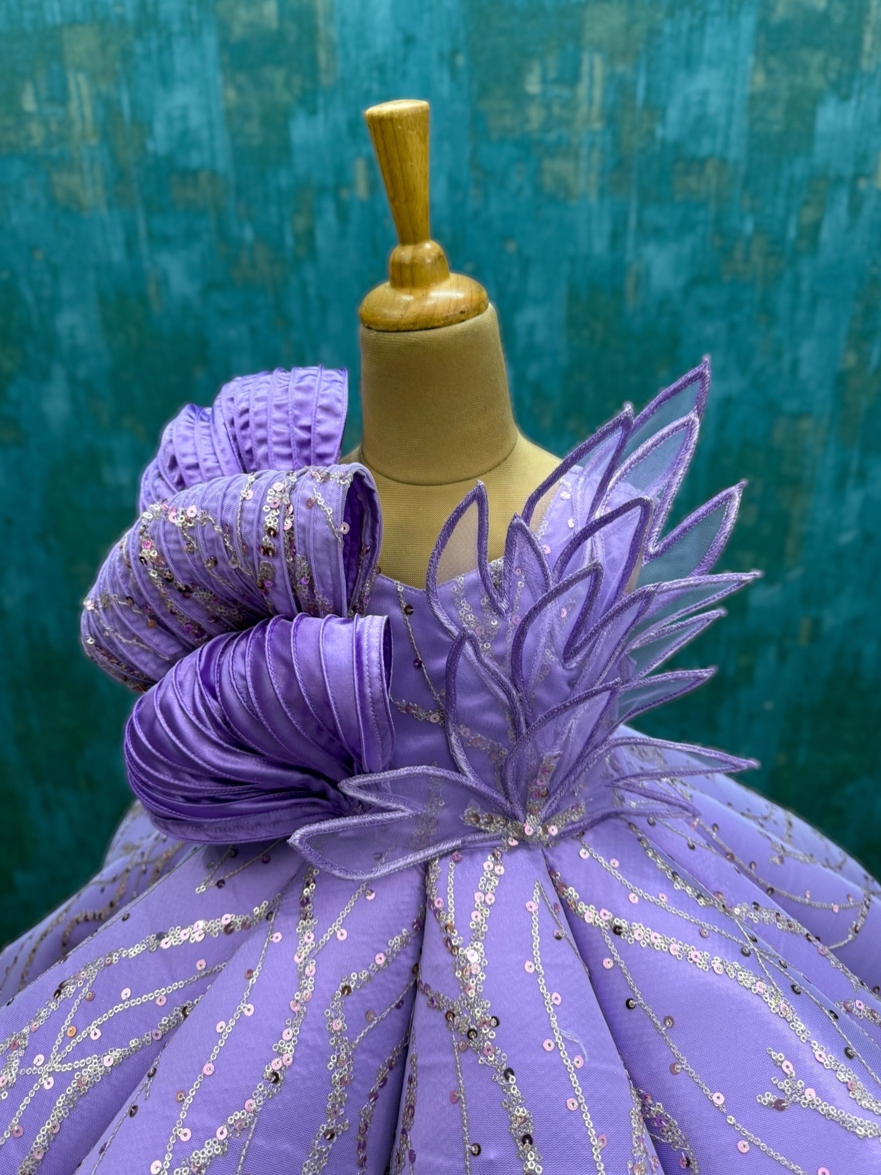 lavender Structured Panel Ball Gown with Embossing Bows and Hand Embroidered Petals