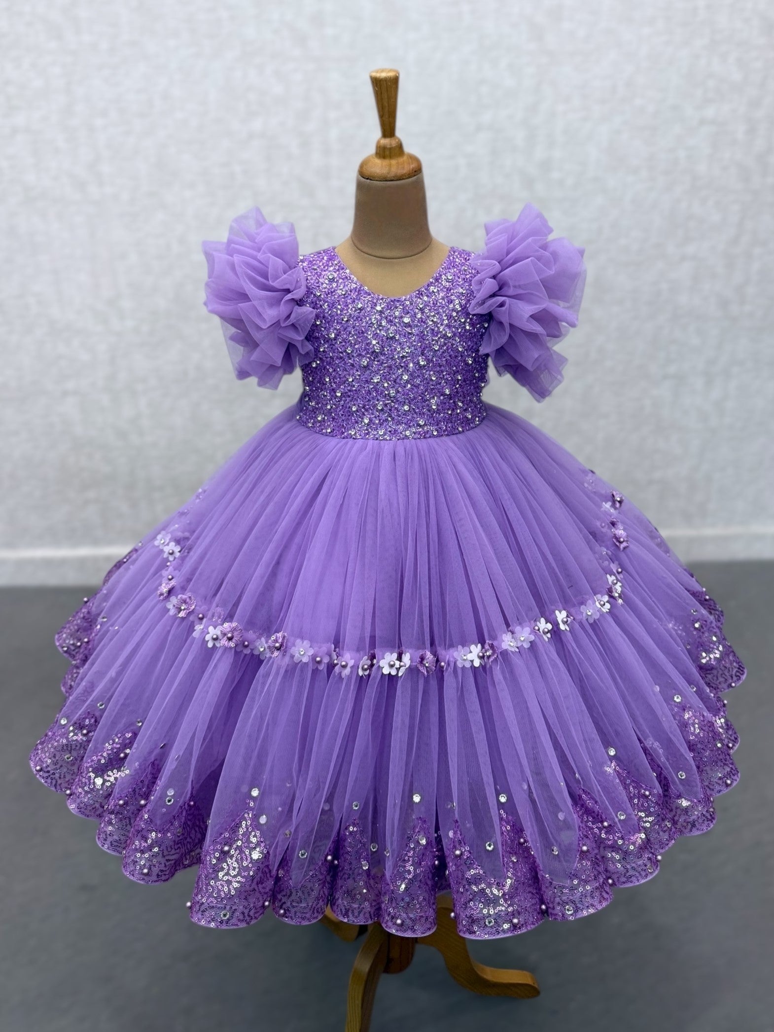 lavender sequence ball gown with intricate hand work