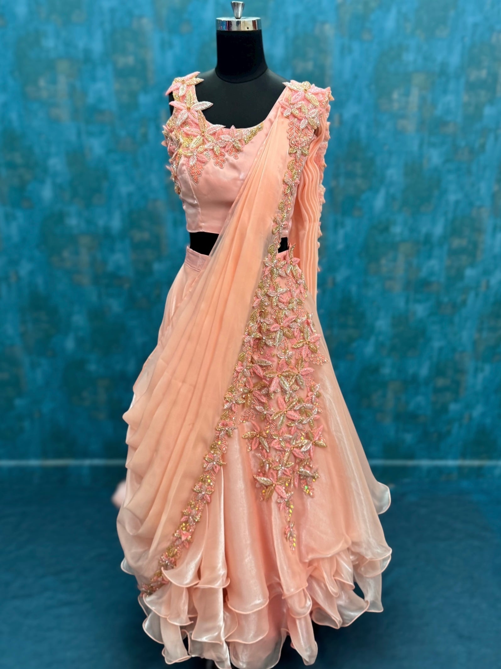 3D Embossed floral Sleeveless Lehenga with dupatta