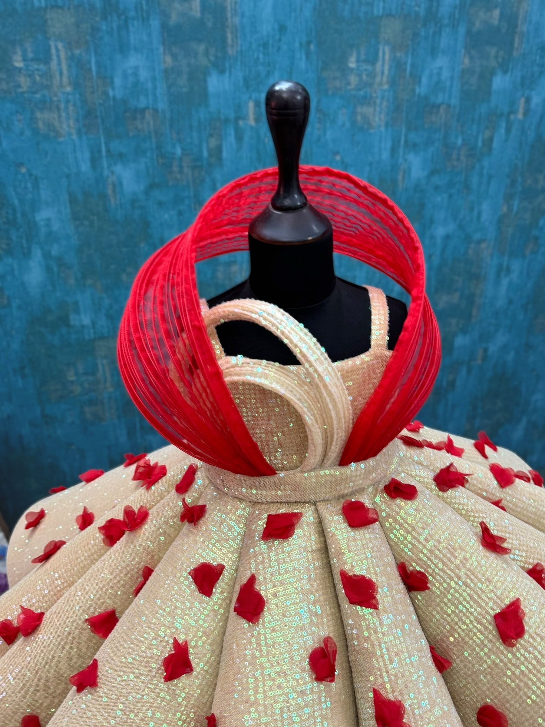 Royal Crimson Rose Petal Champagne Princess Party Gown