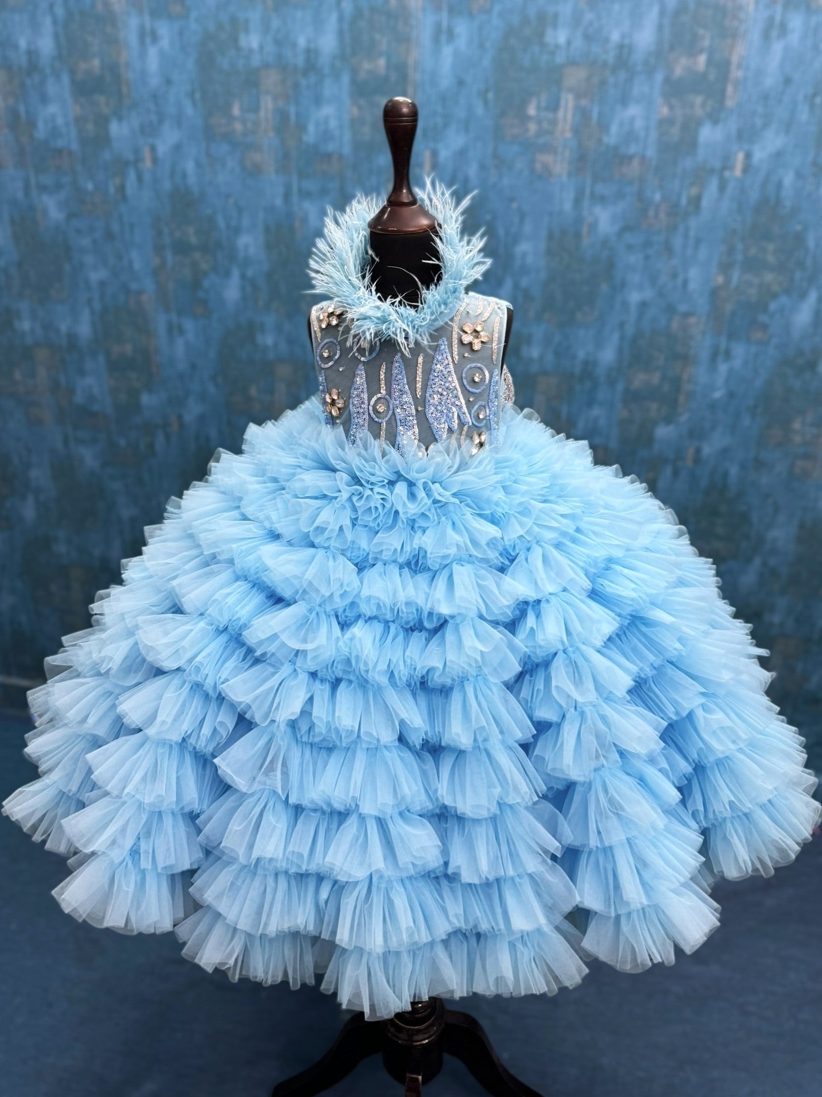 Ice Blue Frost Feather Royale Princess Ball Gown