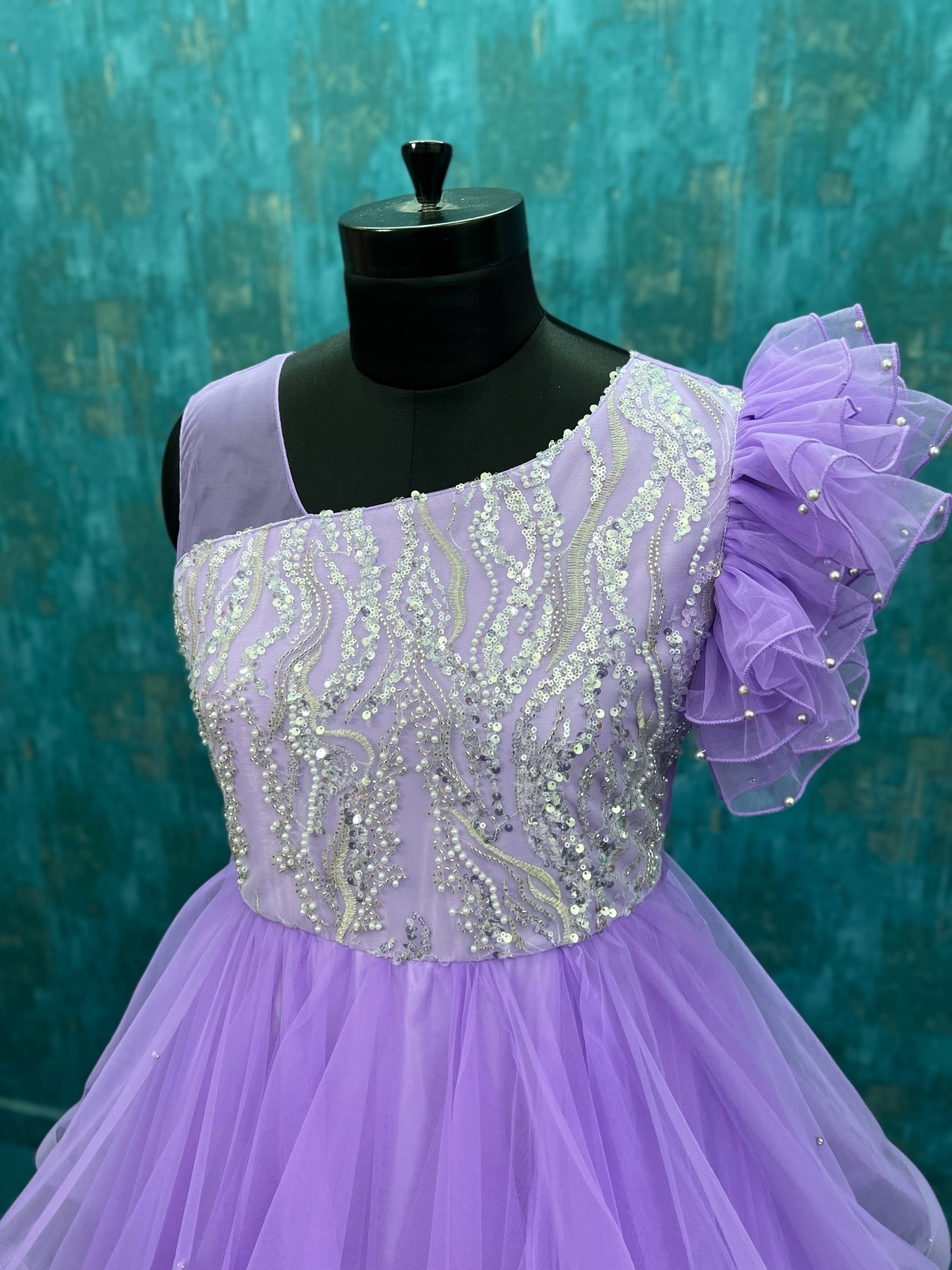 Lavender Seraphina Dream One-Shoulder Beaded Bodice Layered Couture Gown