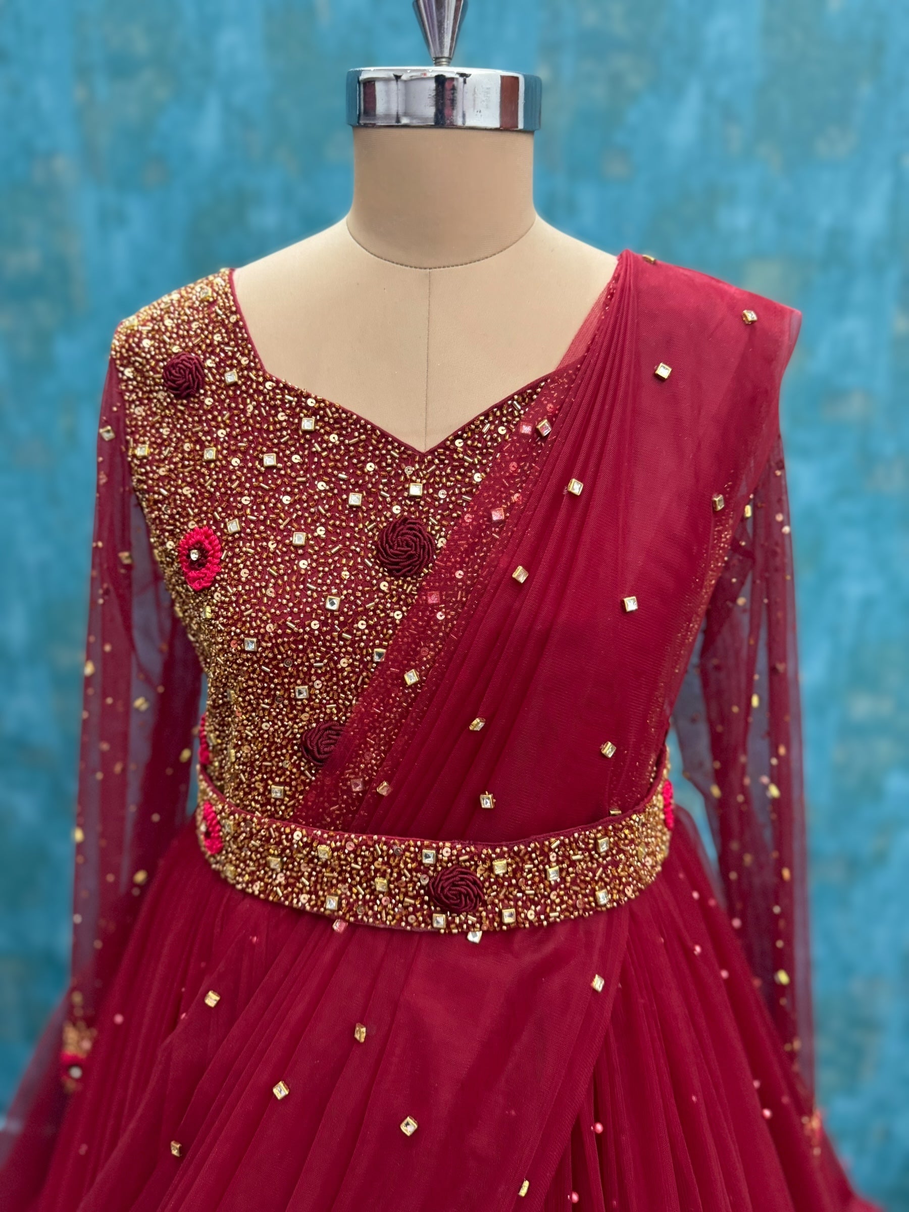 Ruby Bloom Majesty Pearl-Studded Couture Anarkali Gown With Draped Dupatta