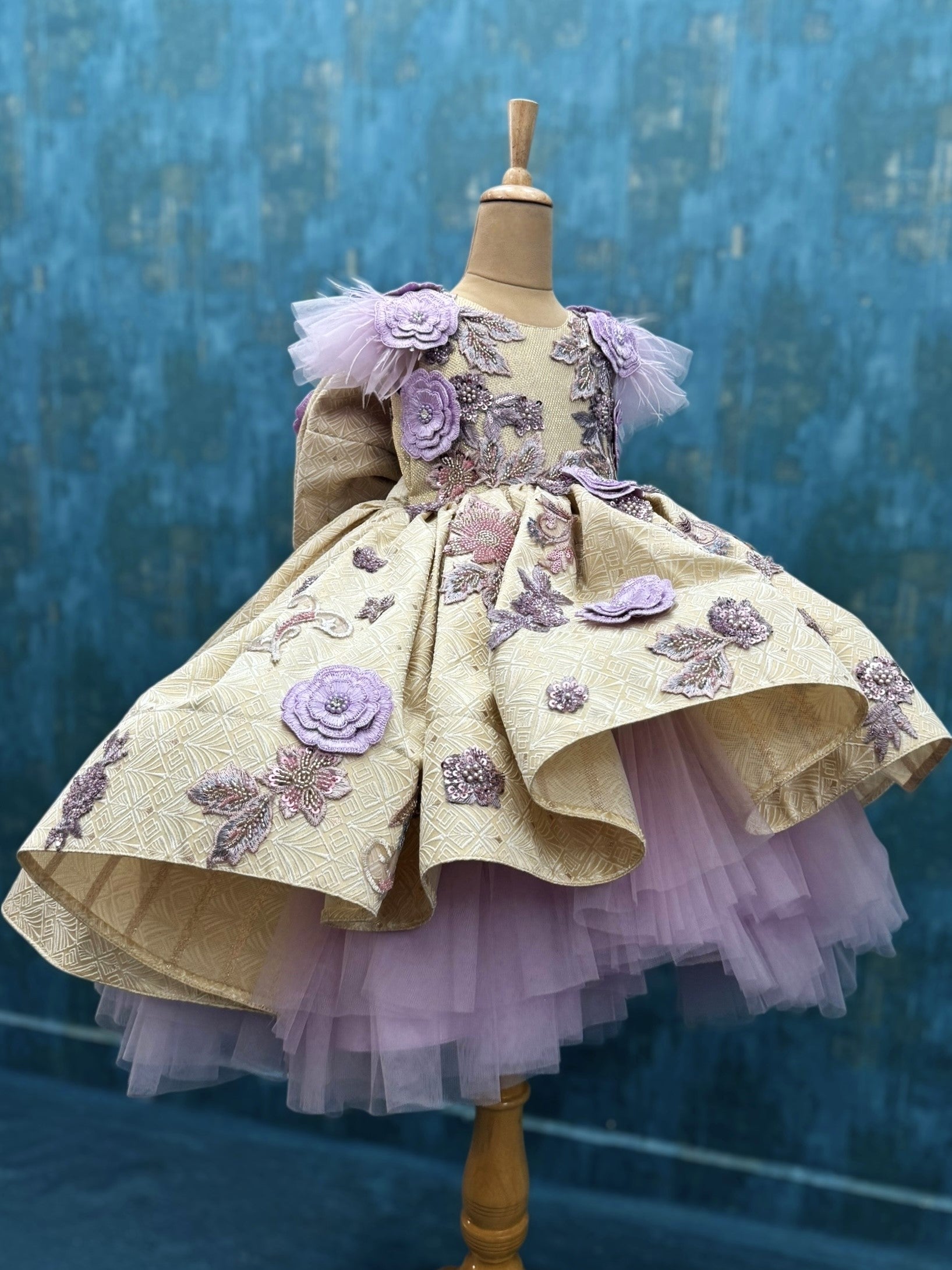 Designer Gown for Girl Online, Lavender & Gold Floral Couture Ball Gown