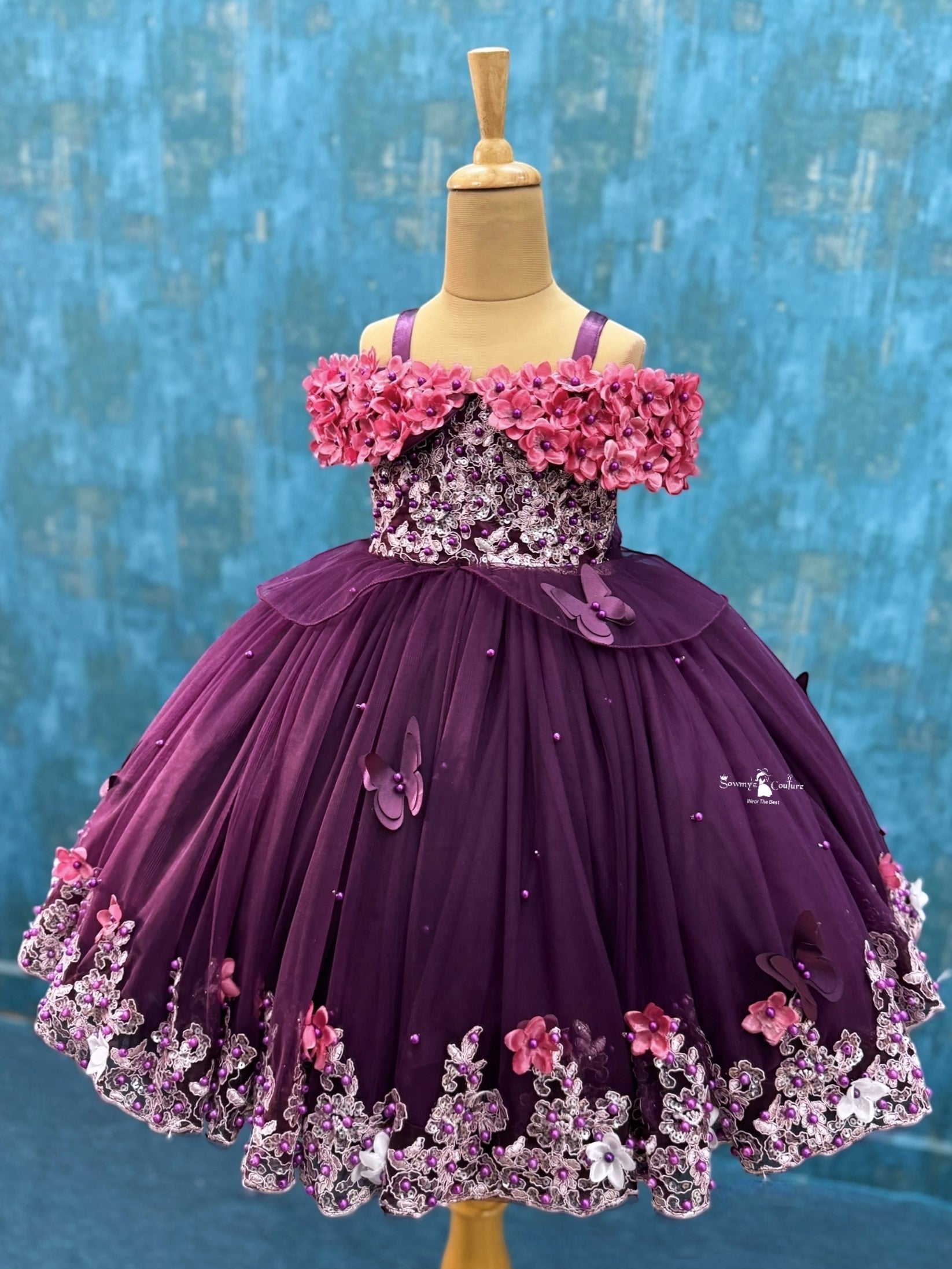 Plum Purple Lace And Pearl Ball Gown