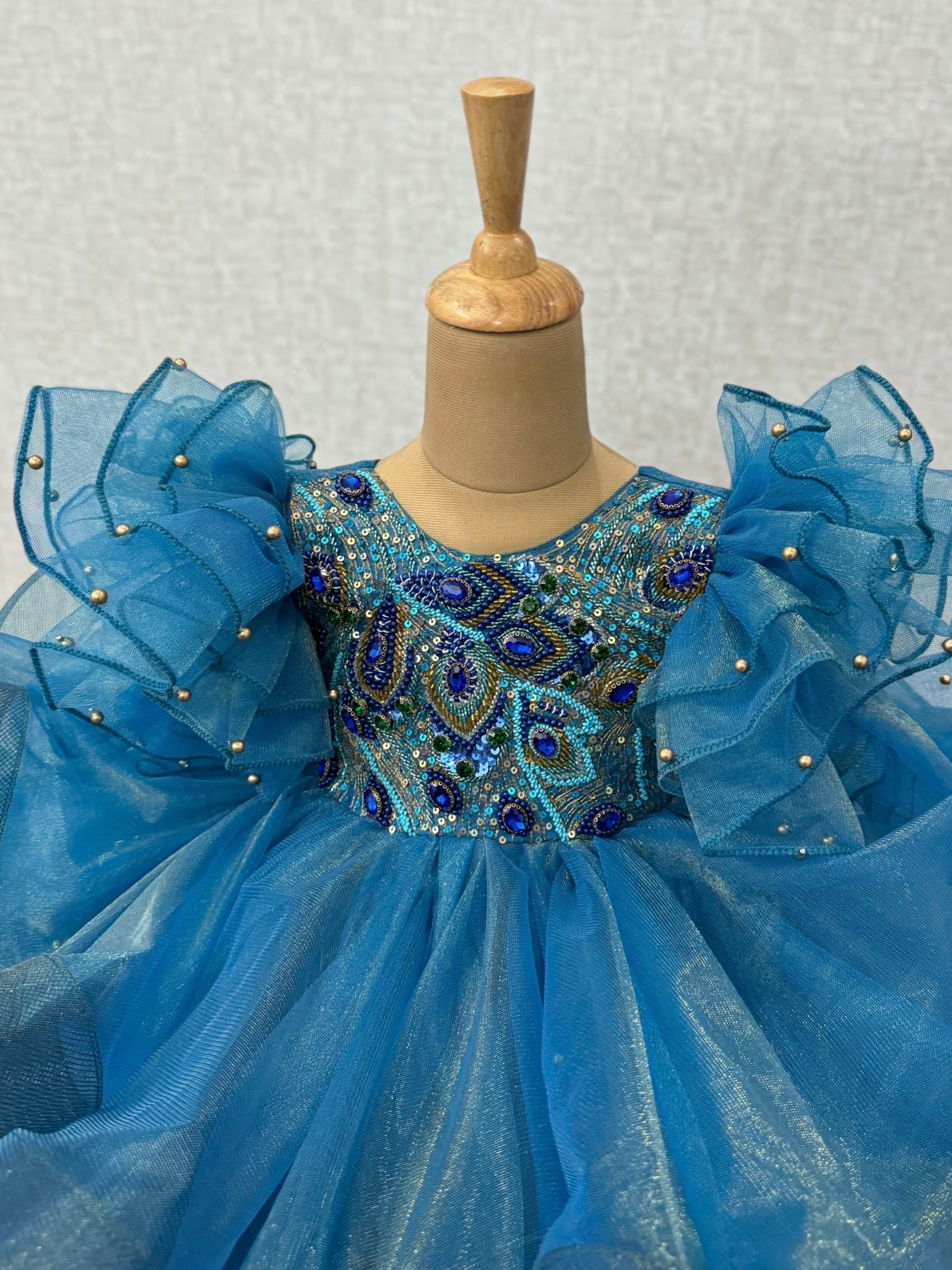 Teal Sapphire Ruffle Dream Couture Gown With Hand Embroidered Bodice