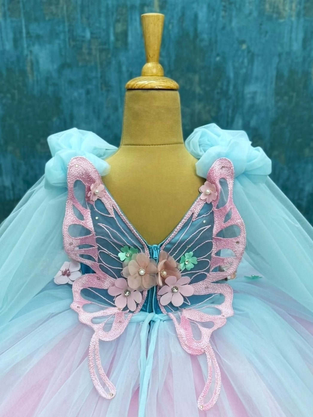 Soft Sky Petal fall Butterfly Fantasy Floral Couture Celebration Dress