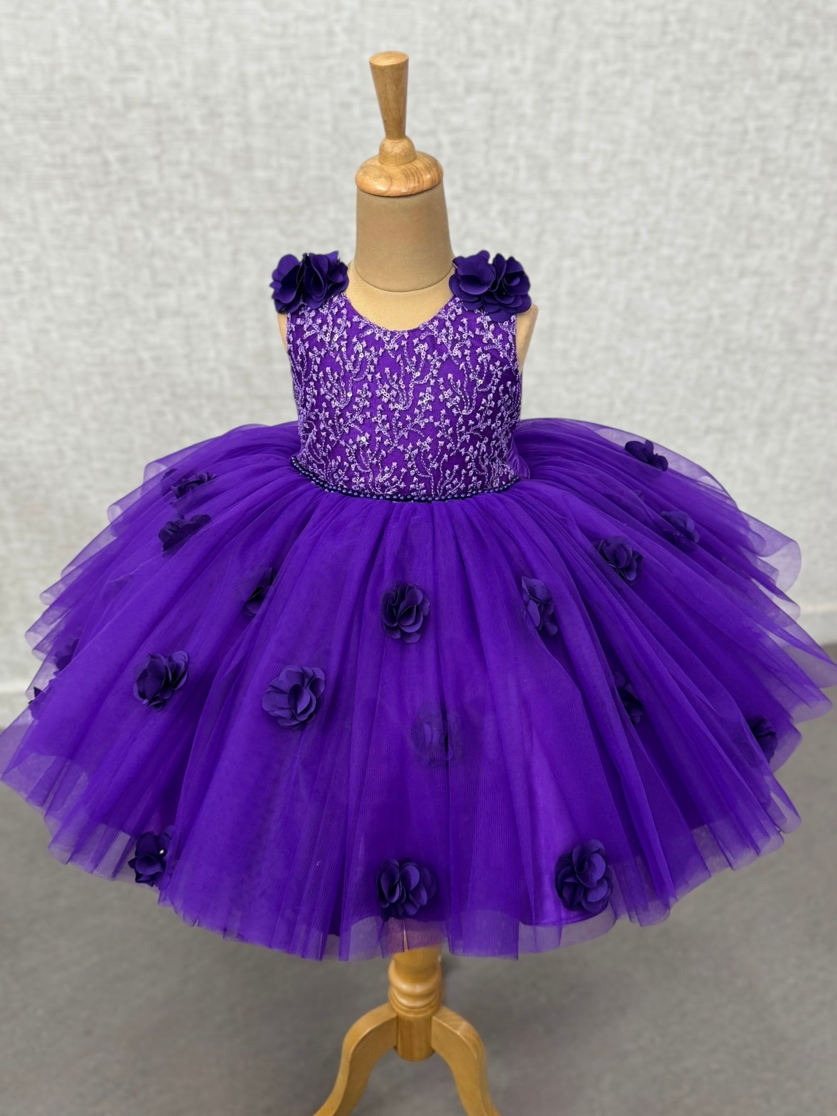 3D Flower Appliqué and Hand-Embellished Vine work Bodice Tulle Princess Dress