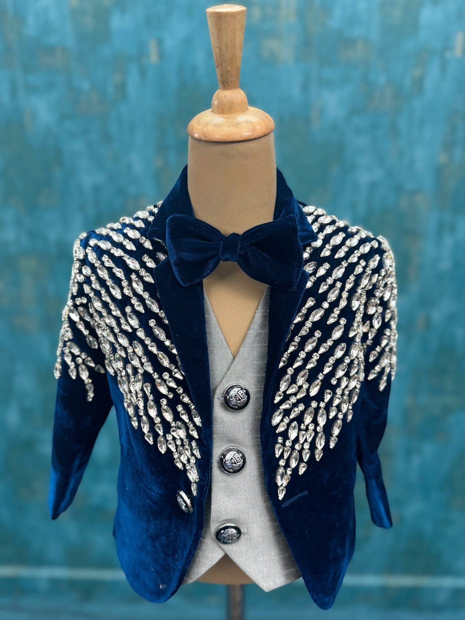 Deep Blue Velvet Crystal Cascade Designer Evening Blazer Suit