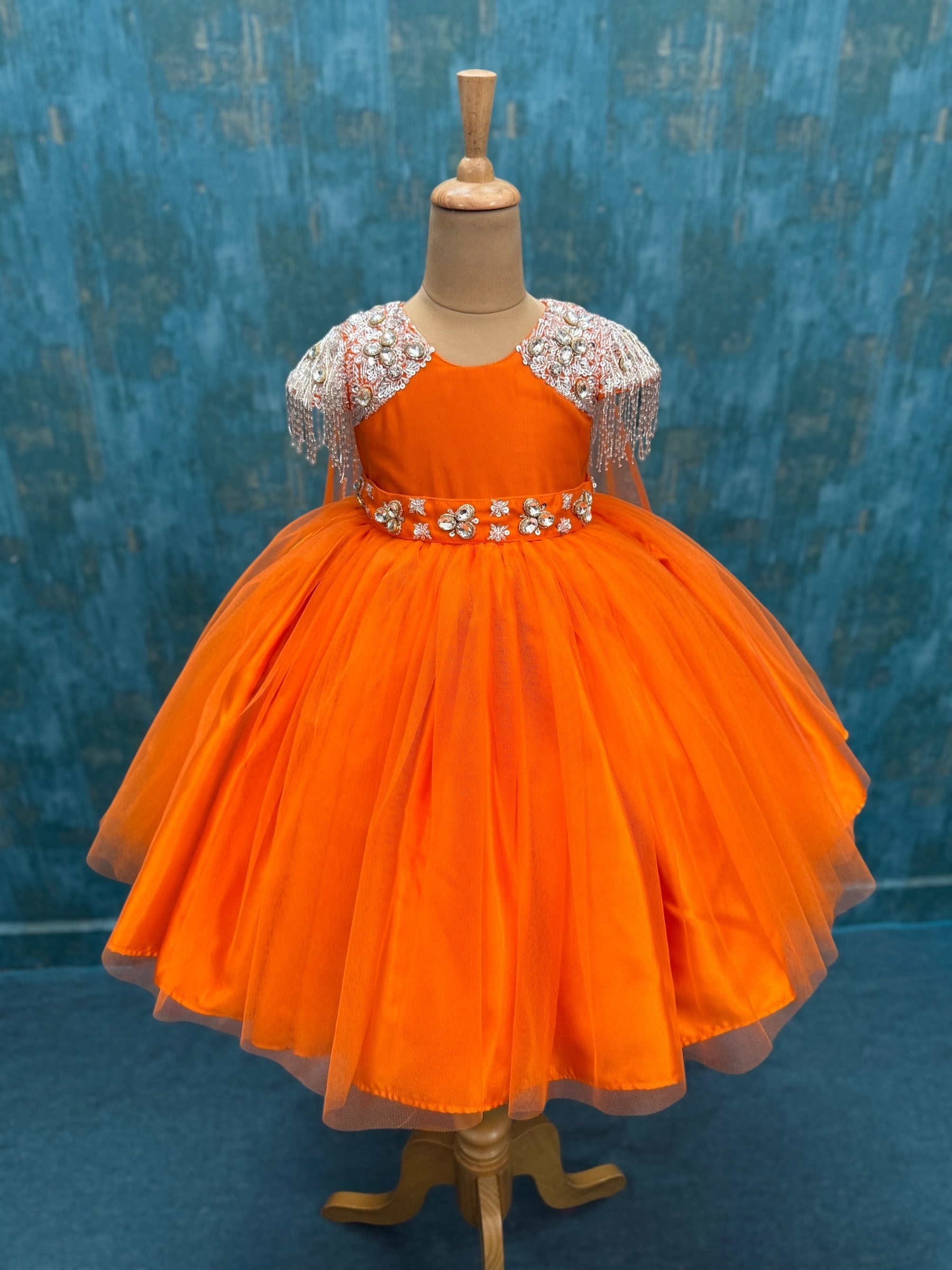 Golden Tangerine Crystal Fringe Hanging Cape Princess Couture Dress With Name trail