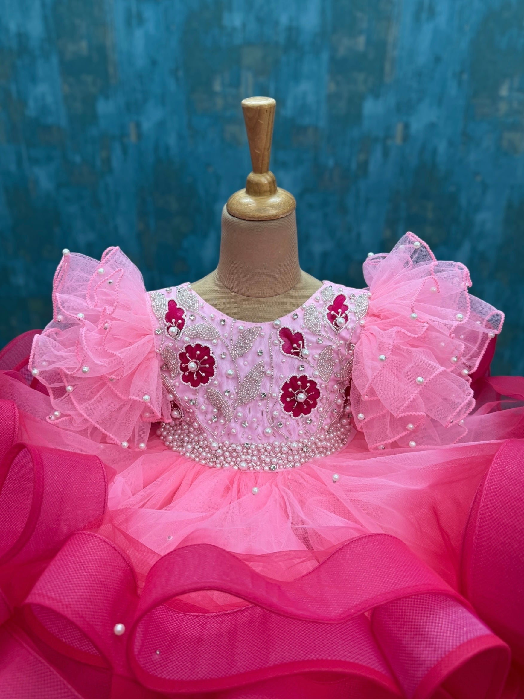 First Birthday Dress Online, Hot Pink Floral Pearl Ruffle Dress