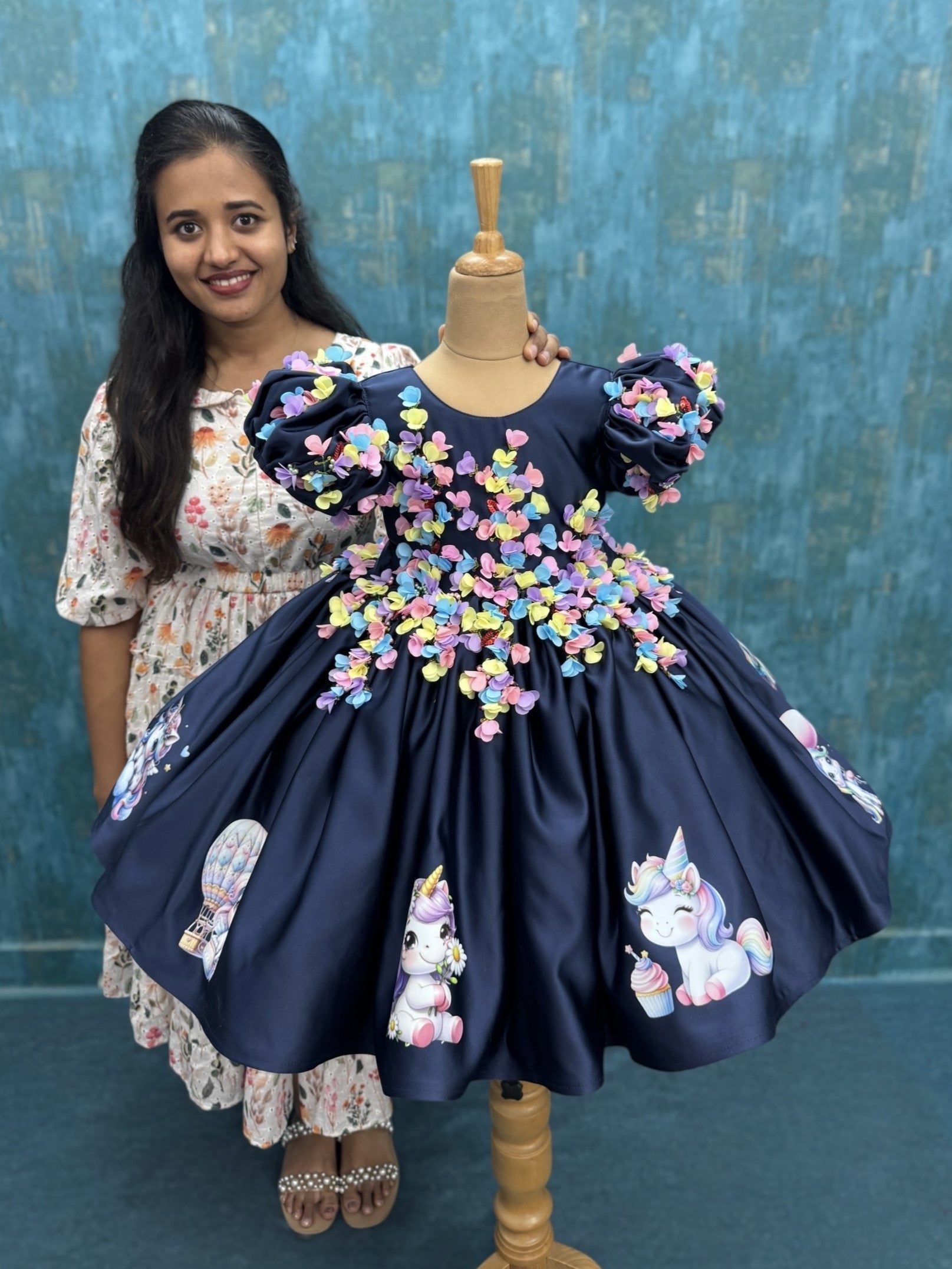 Kids Partywear Gown Online, Girls Navy Blue Unicorn Birthday Dress