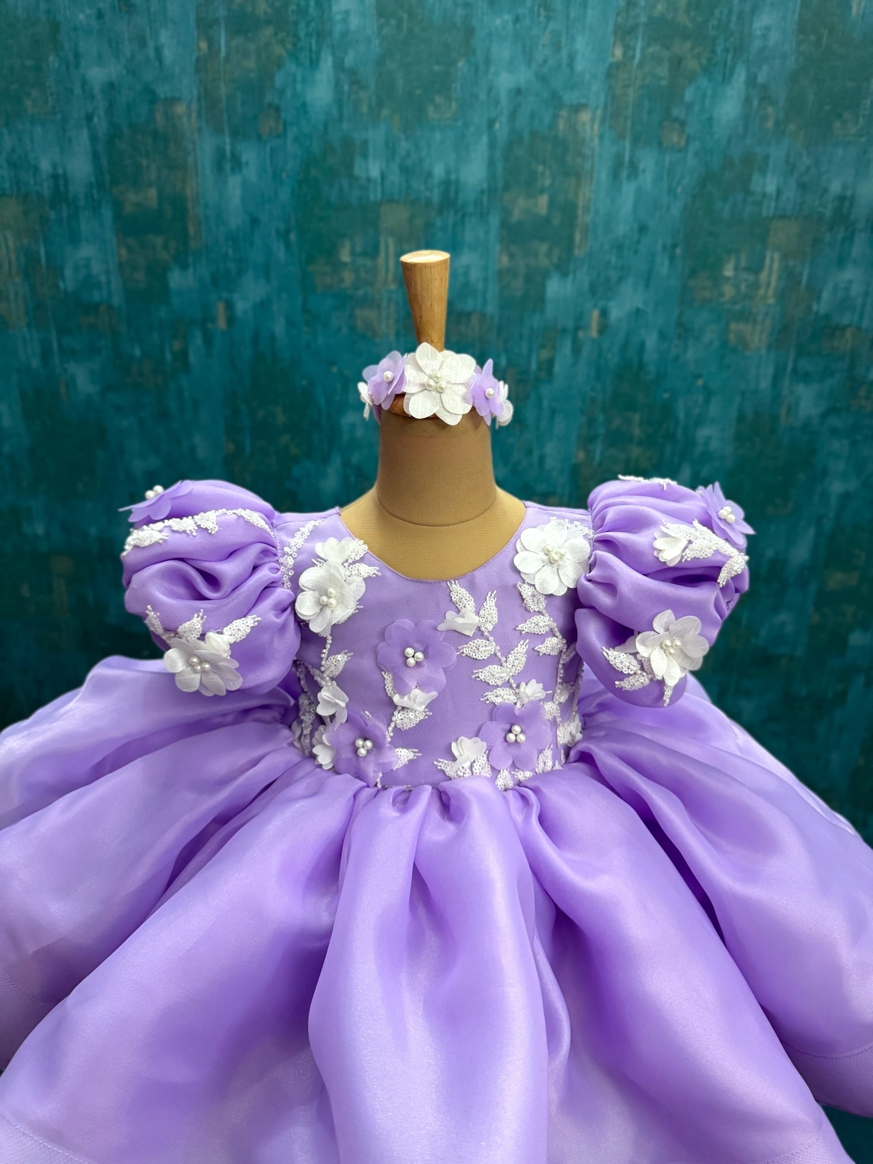 Lavender Fluffy Organza knee Length Gown
