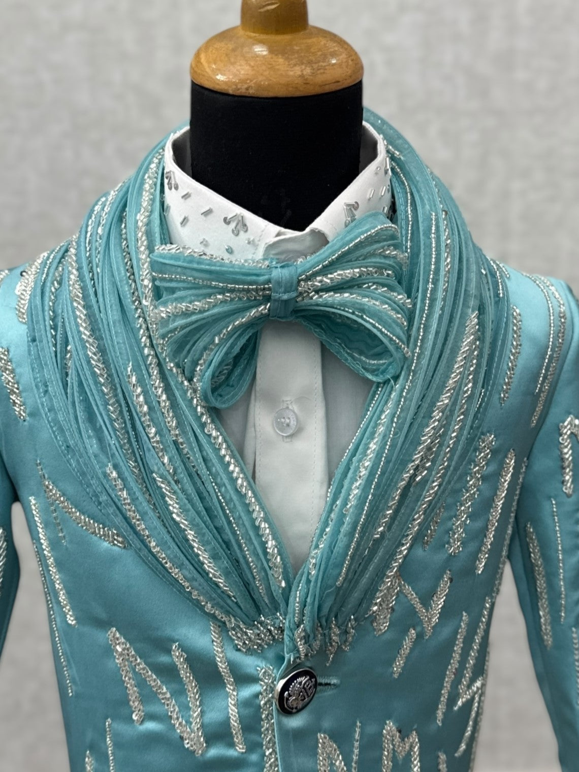 Turquoise Aqua Satin Silver Embroidered Regal Evening Blazer Set