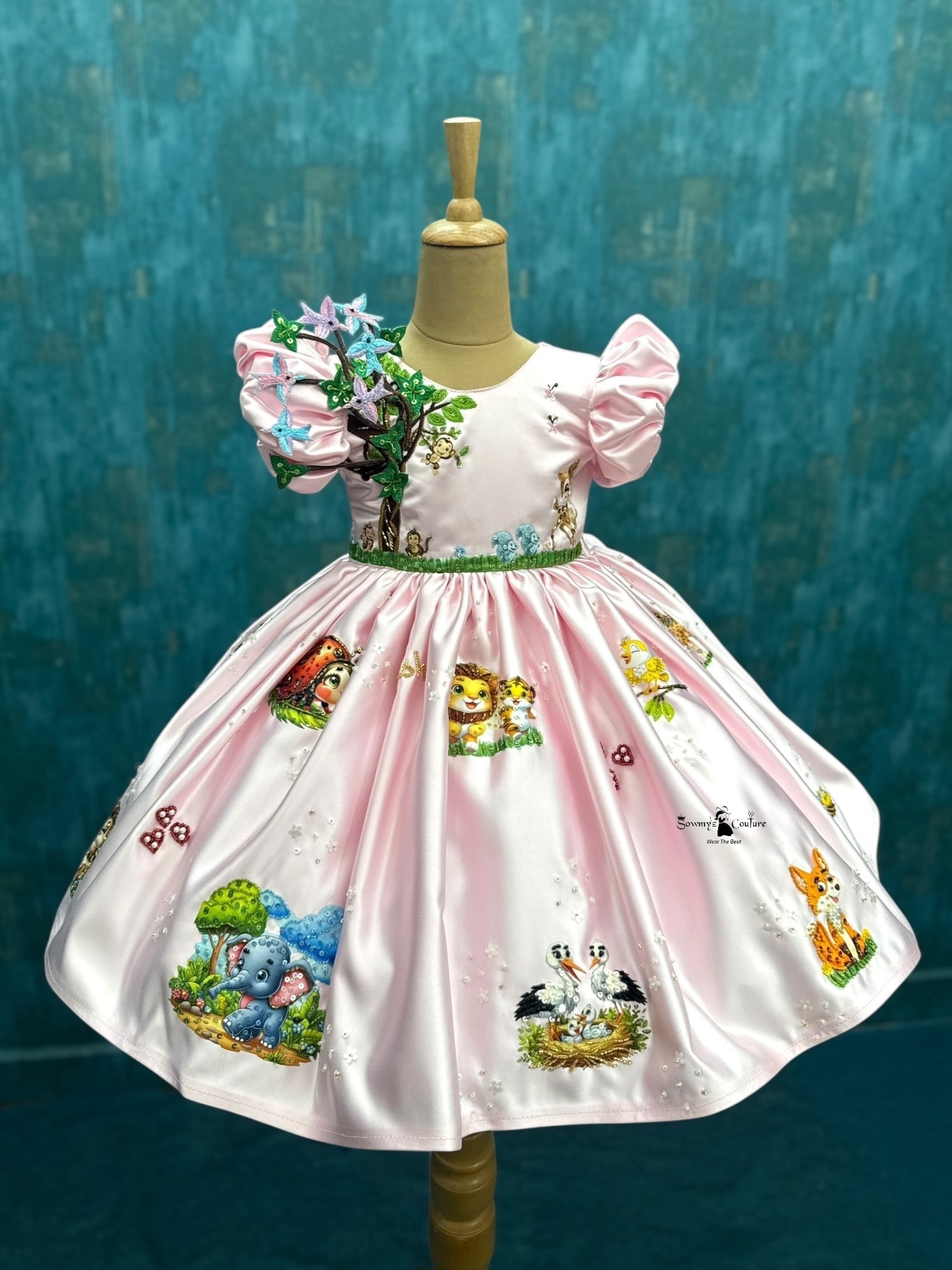 Designer Kids Clothes For Girls Online, Pink Satin Dress with 3D Florals