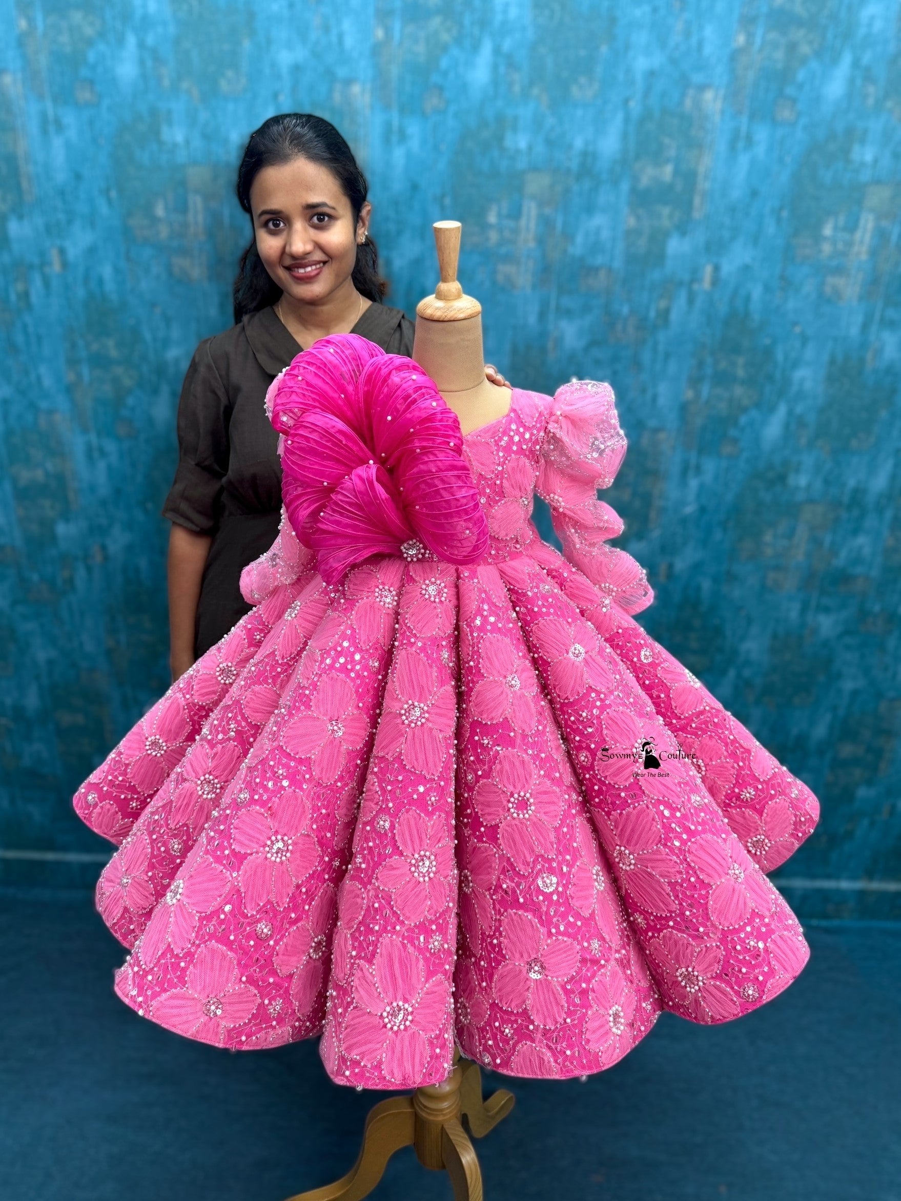 Designer Gown for Girl Online, Pink Couture Floral Ball Gown