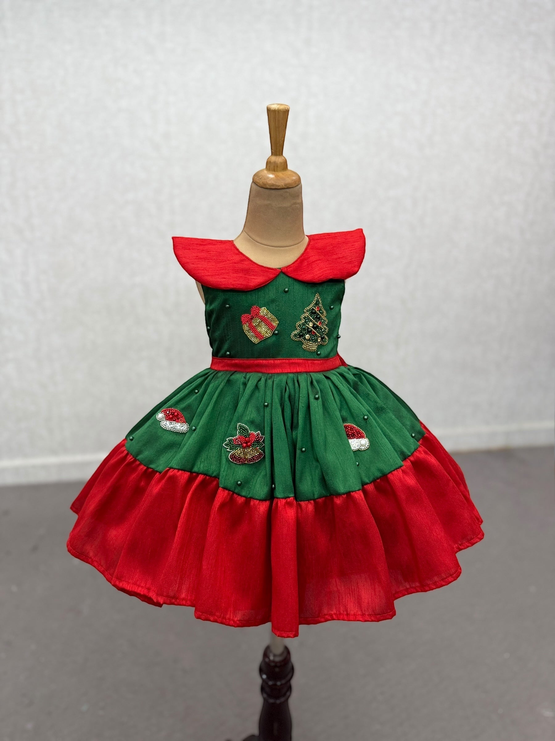 Girls Party Wear Online, Festive Green and Red Christmas Party Dress for Girls
