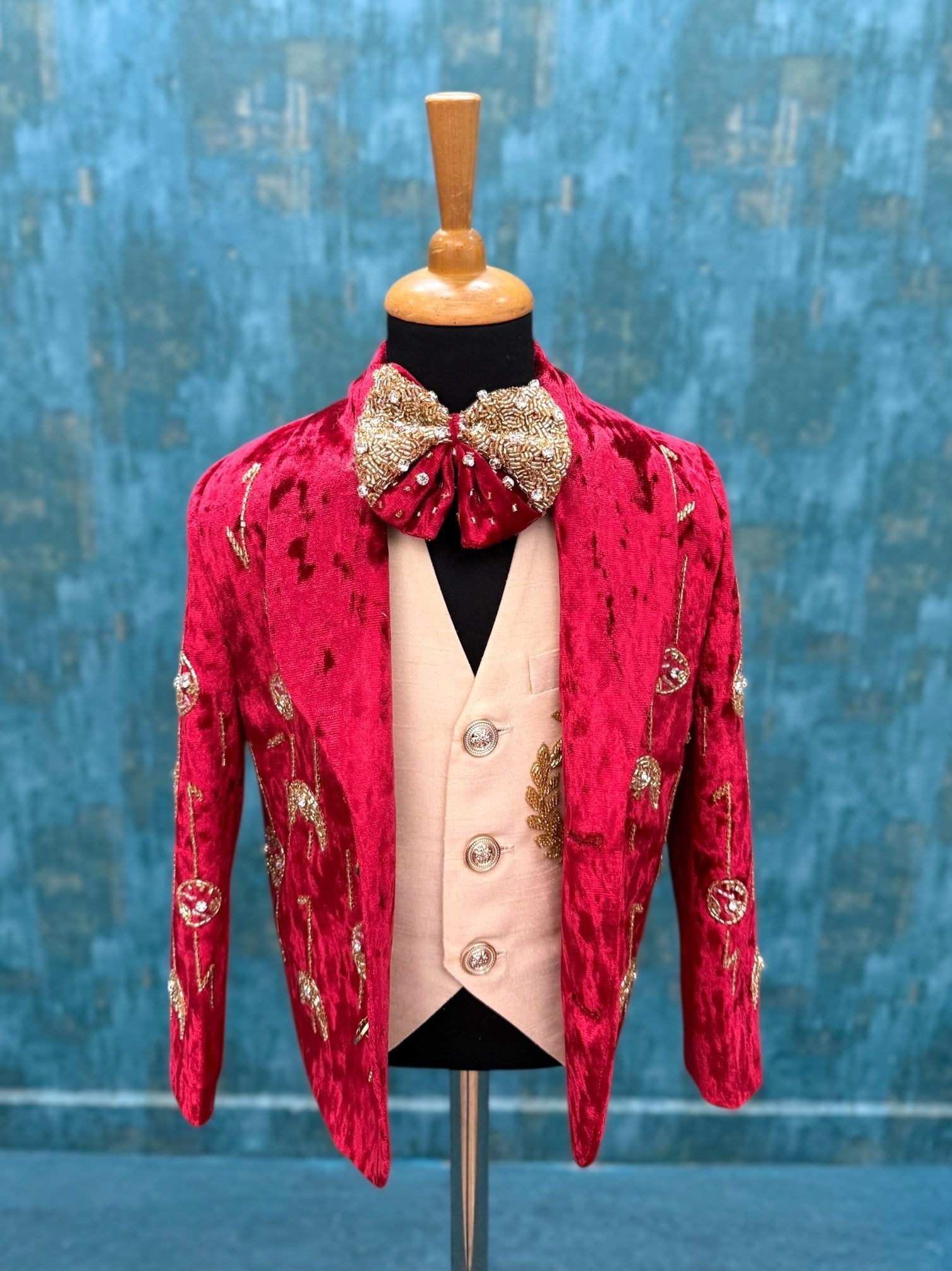 Grand Monarch Ruby Velvet Luxury Prince Blazer Set with Heritage Gold Embroidery & Designer Bow