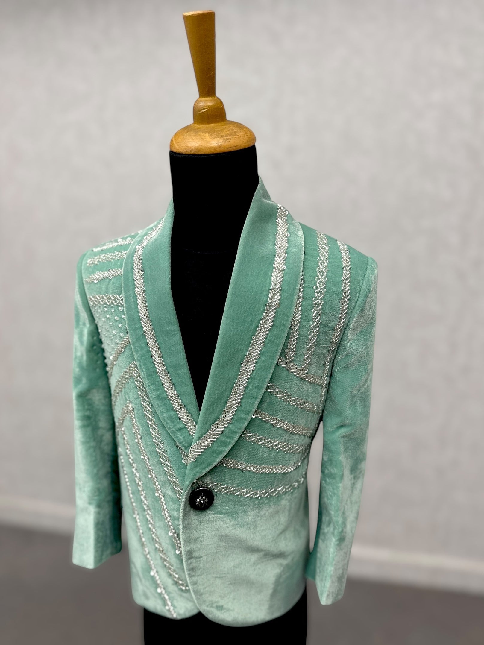 Teal Color Silver Embroidered Blazer with Pant and Shirt