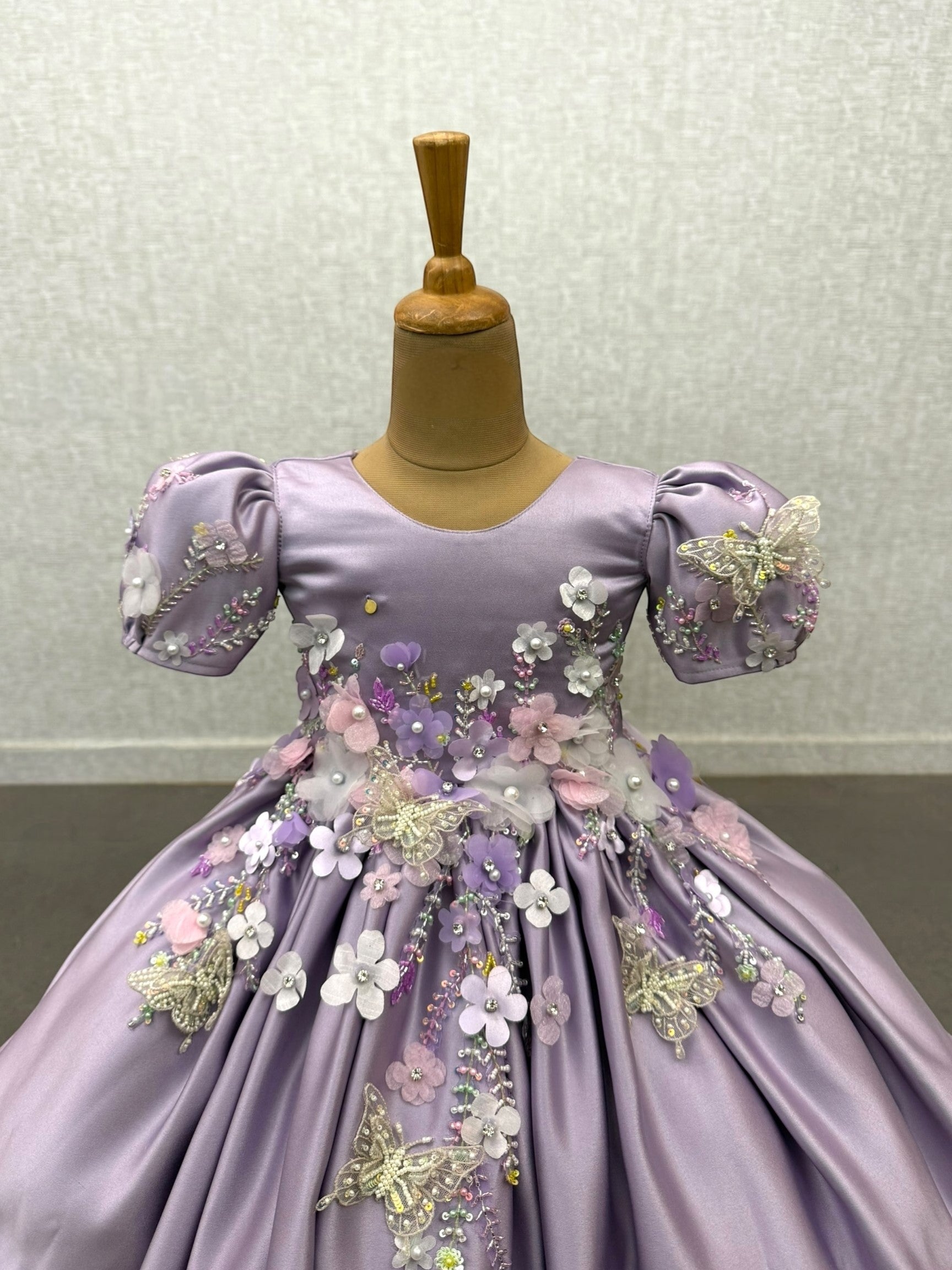 Lilac Butterfly and floral satin gown
