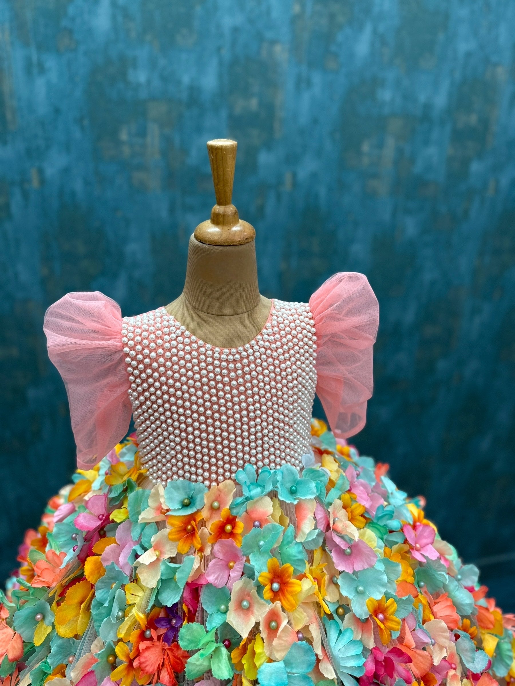 Multi colour 3D Floral Ball gown with Hand embroidered Pearl Work