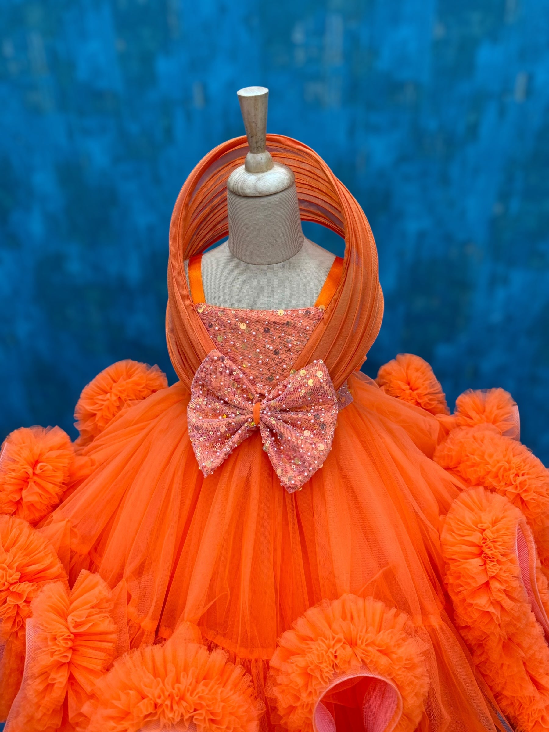 orange uneven embossing ruffle dreamy ball gown
