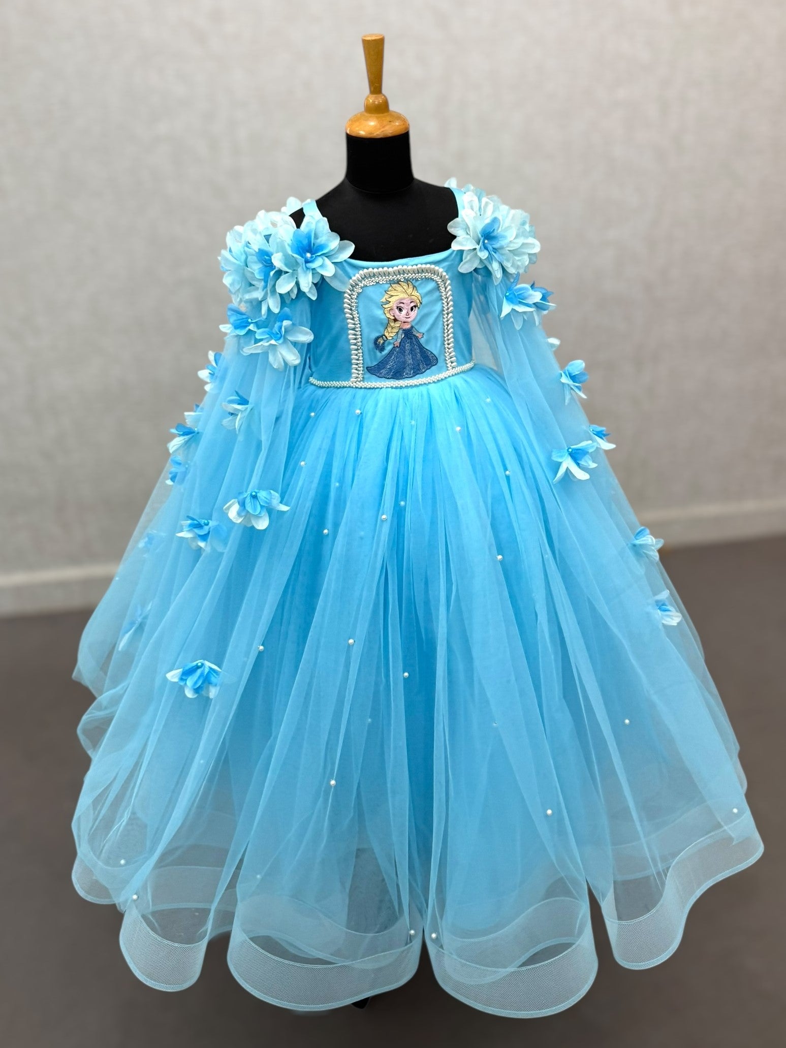 blue frozen elsa bloom gown with floral work