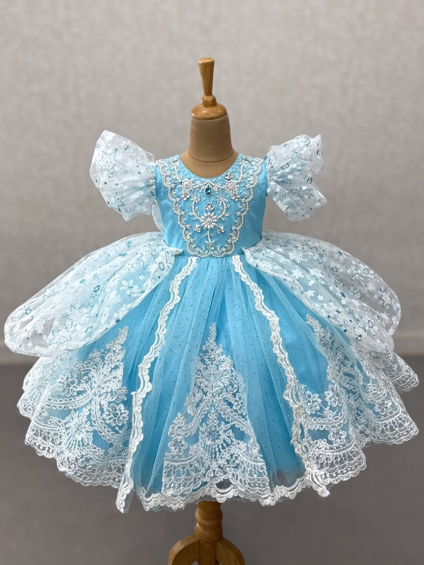 White and Blue Disney Ball Gown With Snowflakes