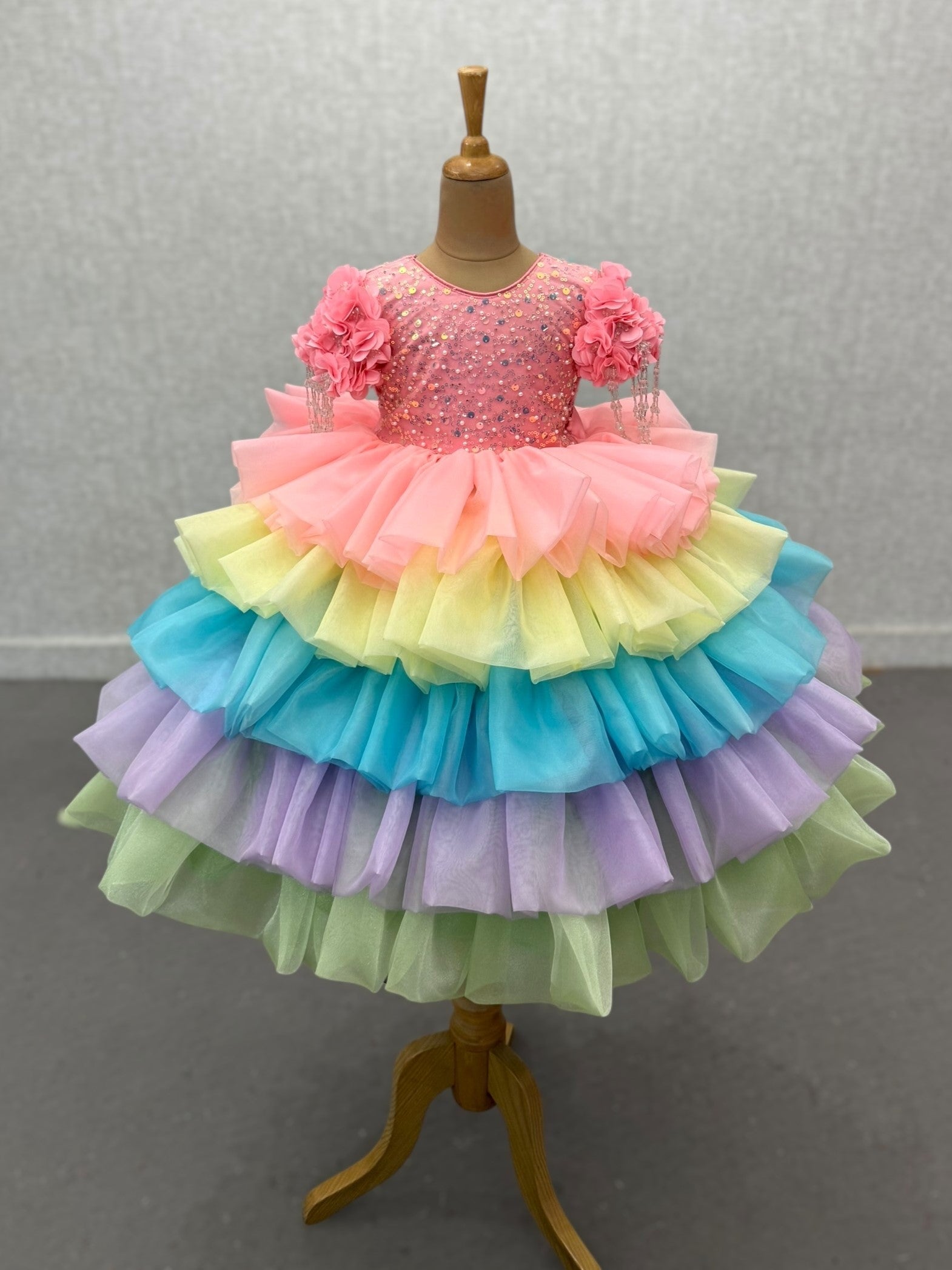 Blossom Rainbow Fantasy Gown with crystal hanging sleeves
