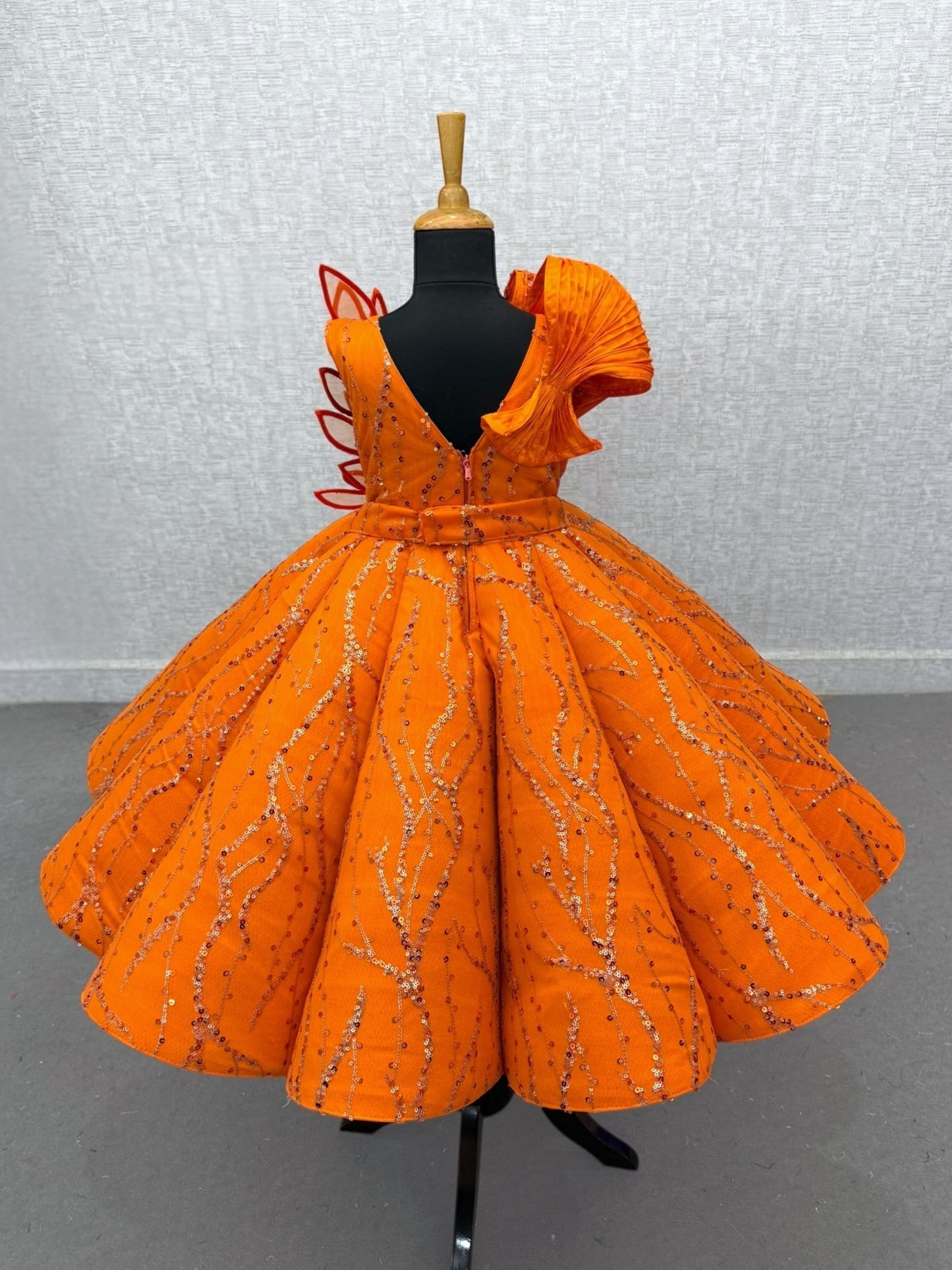 ORANGE Structured Panel Ball Gown with Embossing Bows and Hand Embroidered Petals