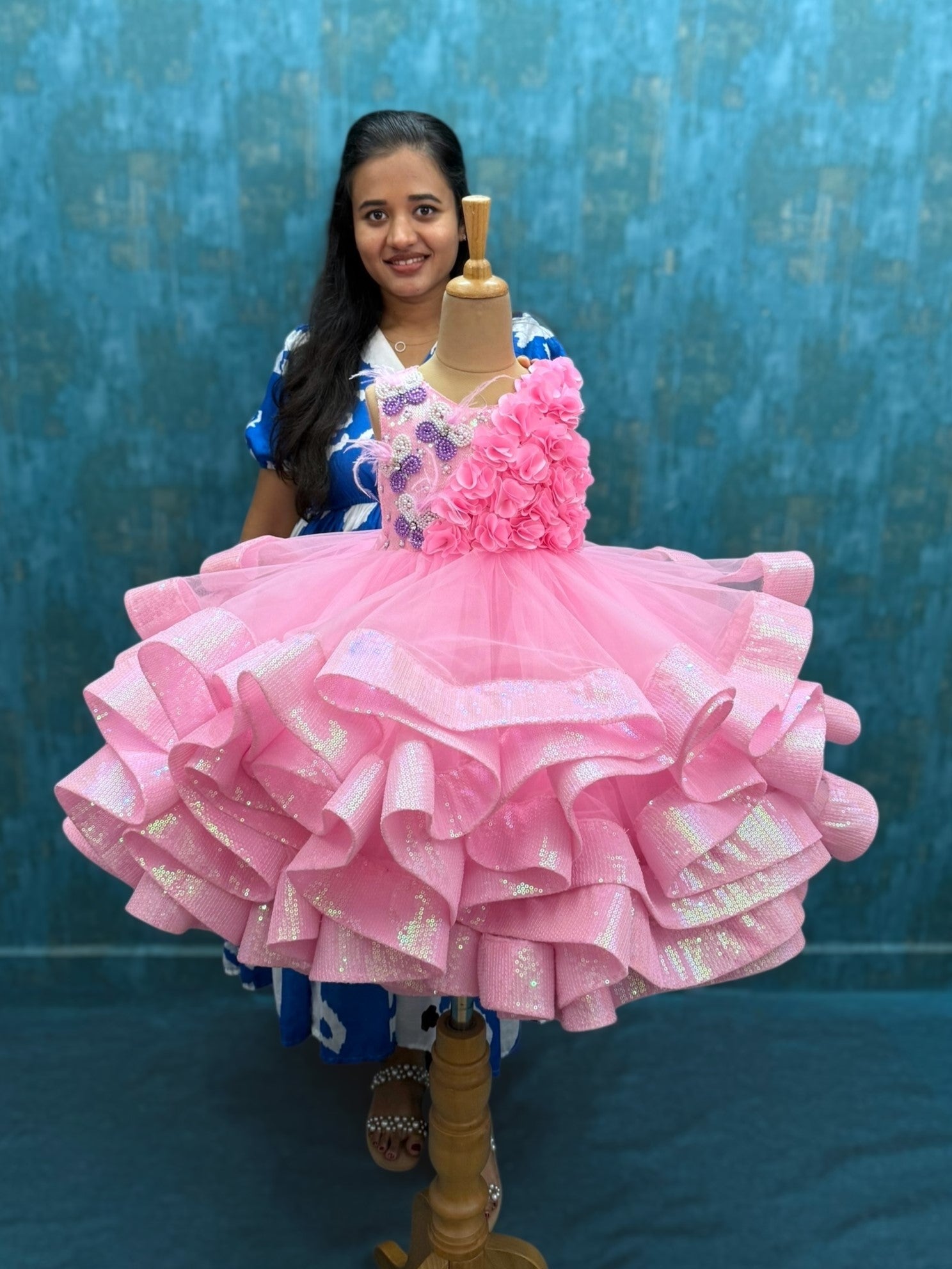 pink Butterfly sequence ruffle ball Gown with embossing flowers