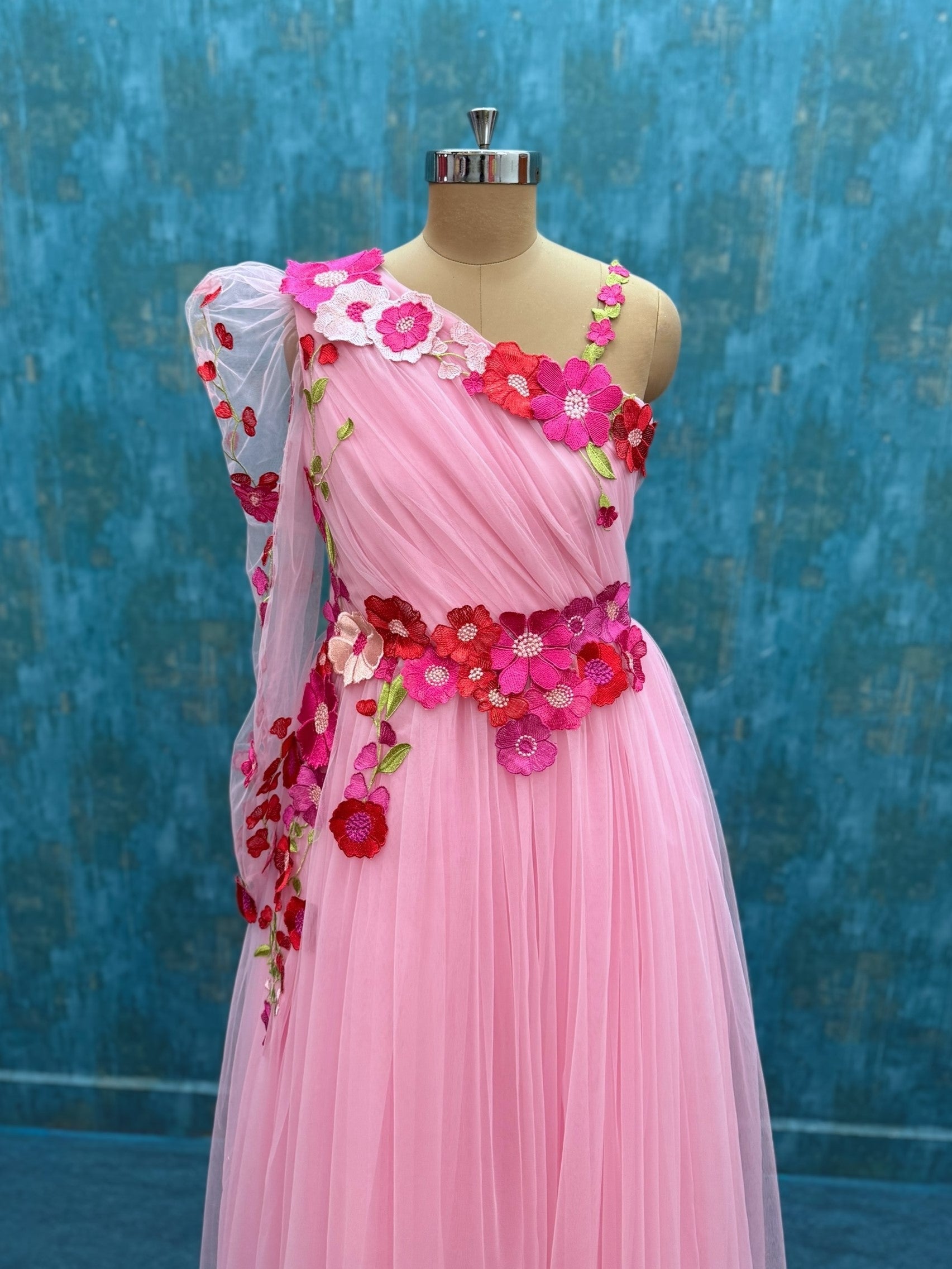 Floral One Shoulder Draped Gown with One side Puff sleeves