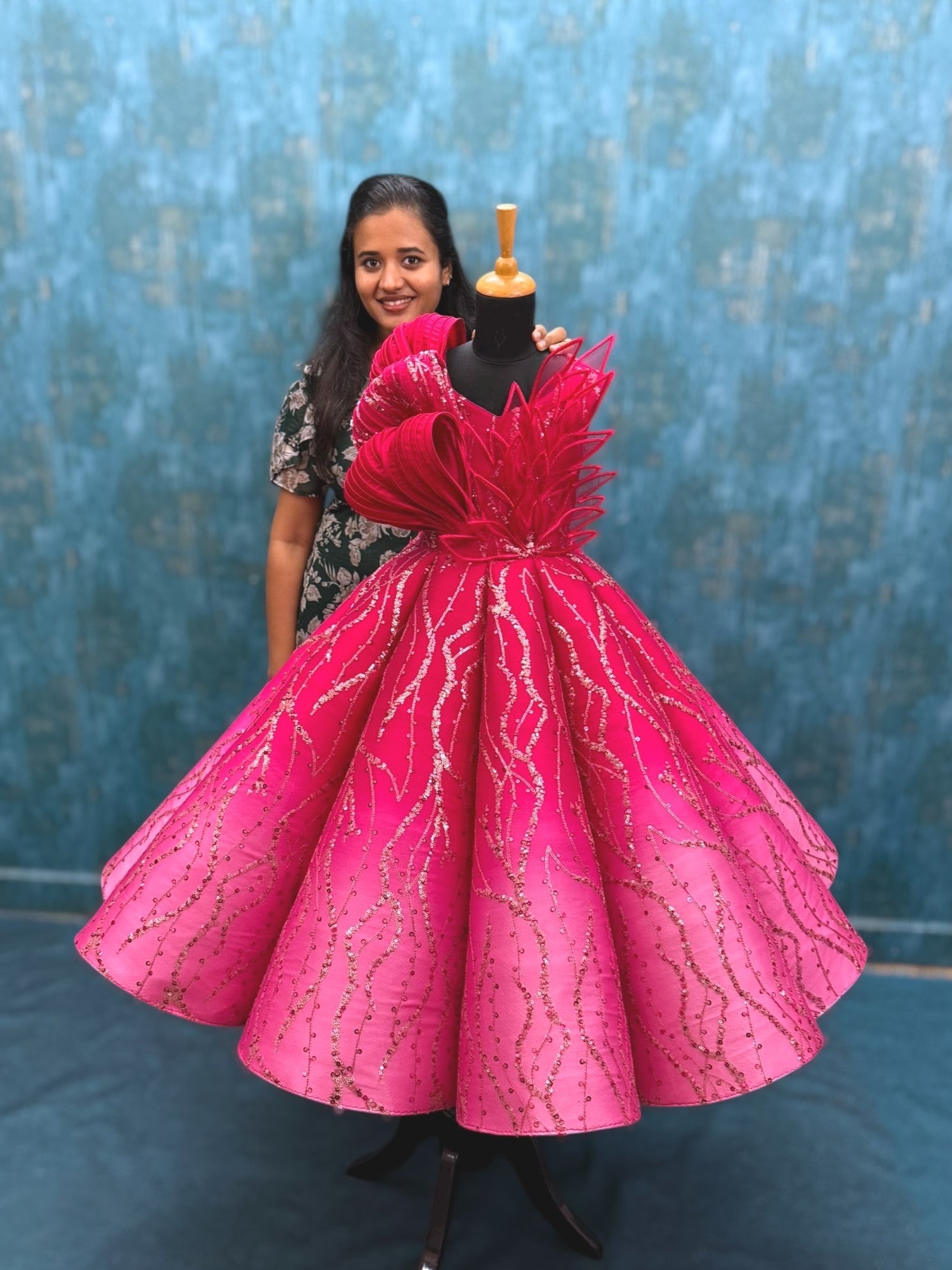 pink ombre Structured Panel Ball Gown with Embossing Bows and Hand Embroidered Petals