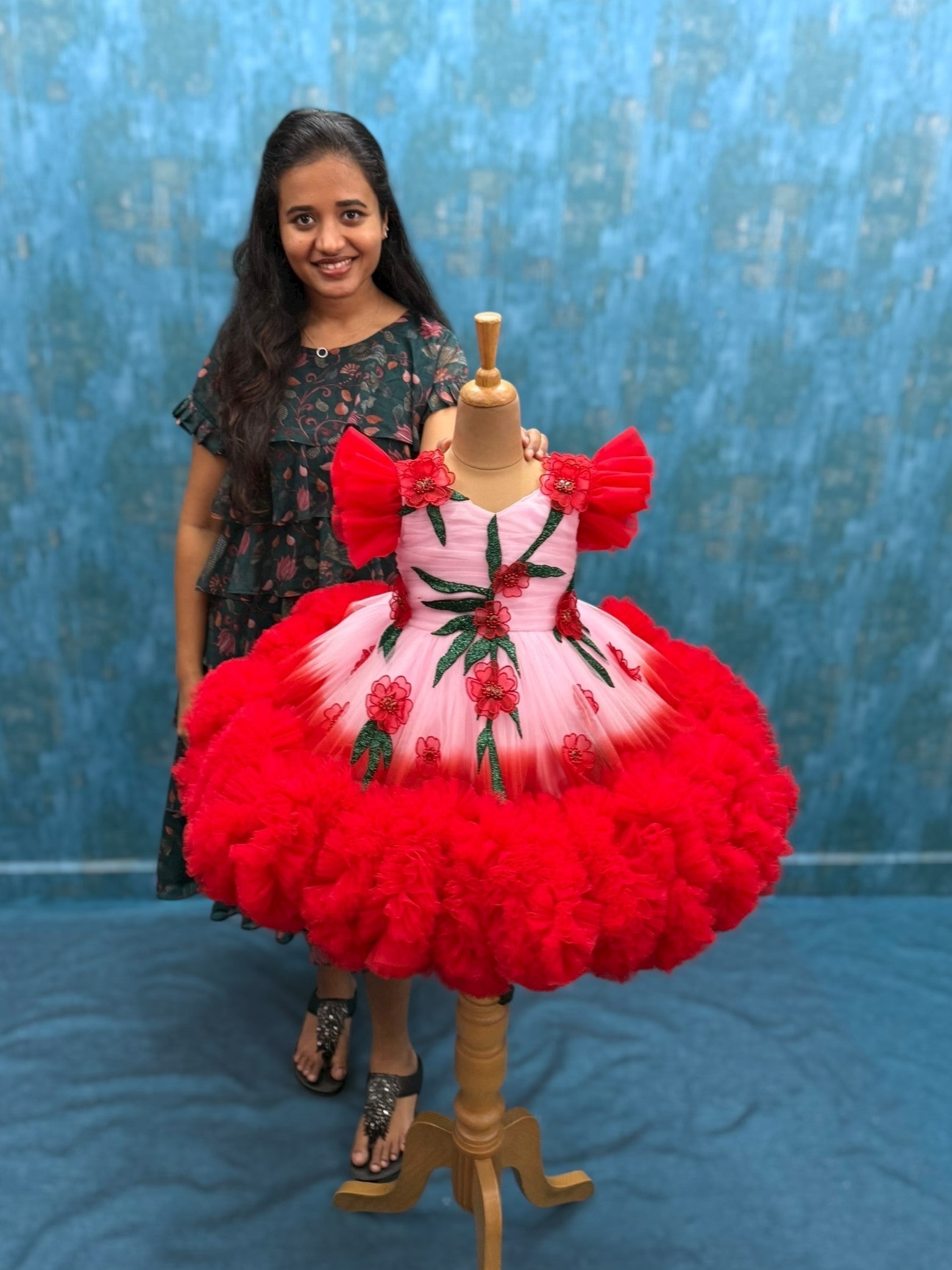 Peach And red double shade couture gown with hand crafted flowers and leaves