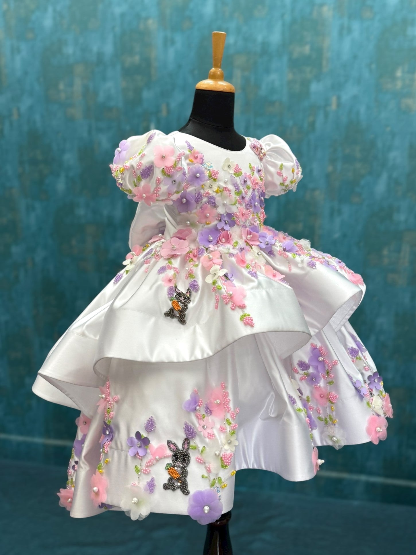 white Floral Fantasy high low layer gown with intricate embroidery