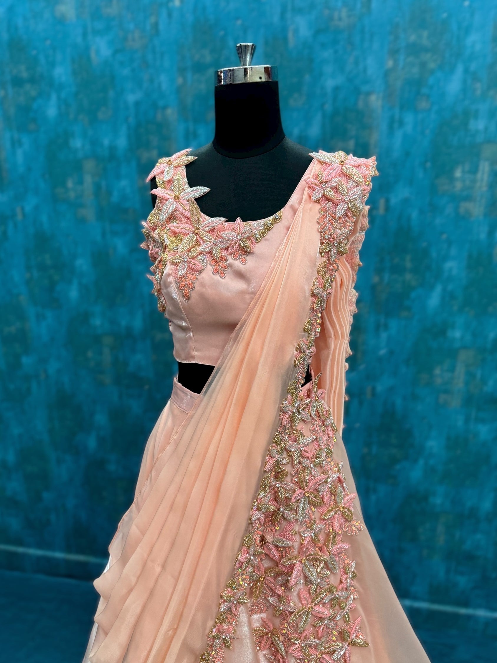 3D Embossed floral Sleeveless Lehenga with dupatta