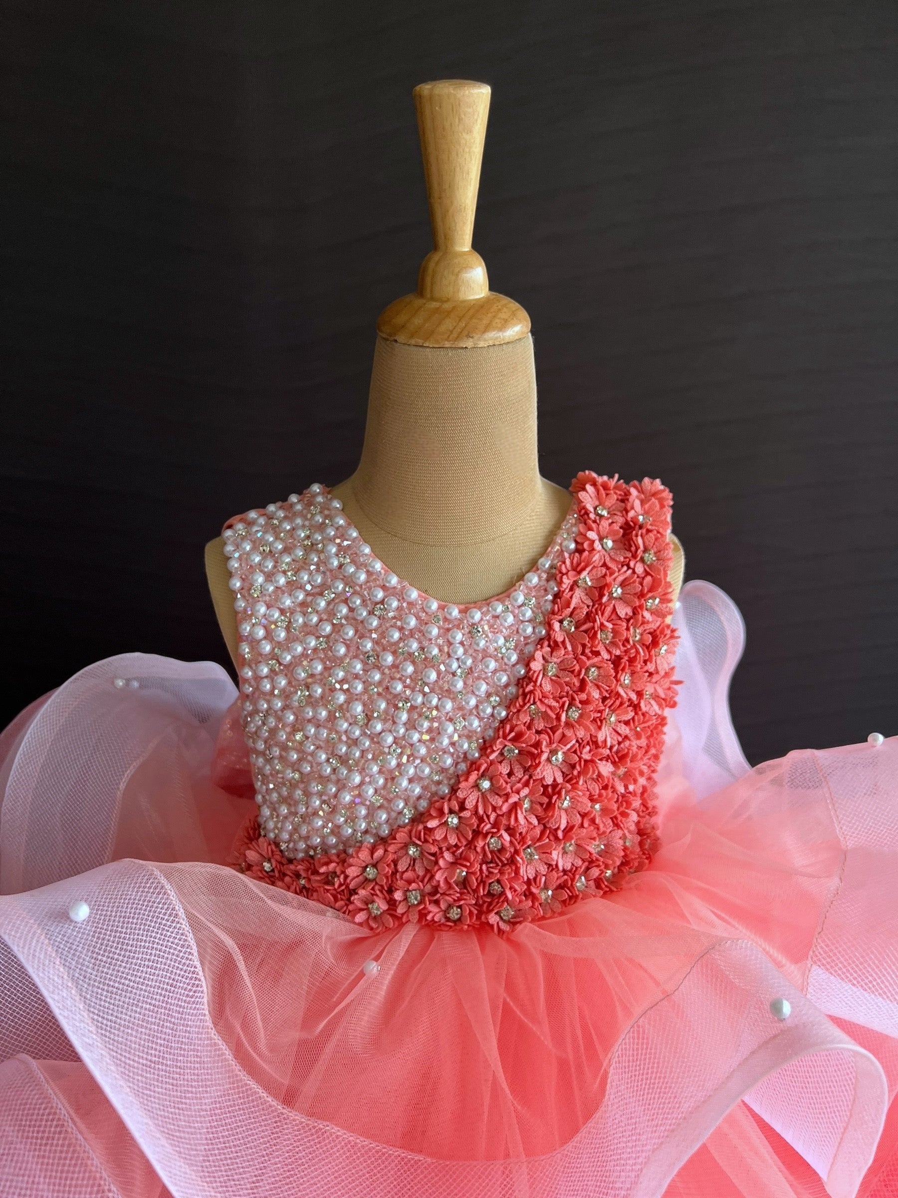 Coral Ombre Layer Ball gown With Intricate Pearl and Crystal Handwork