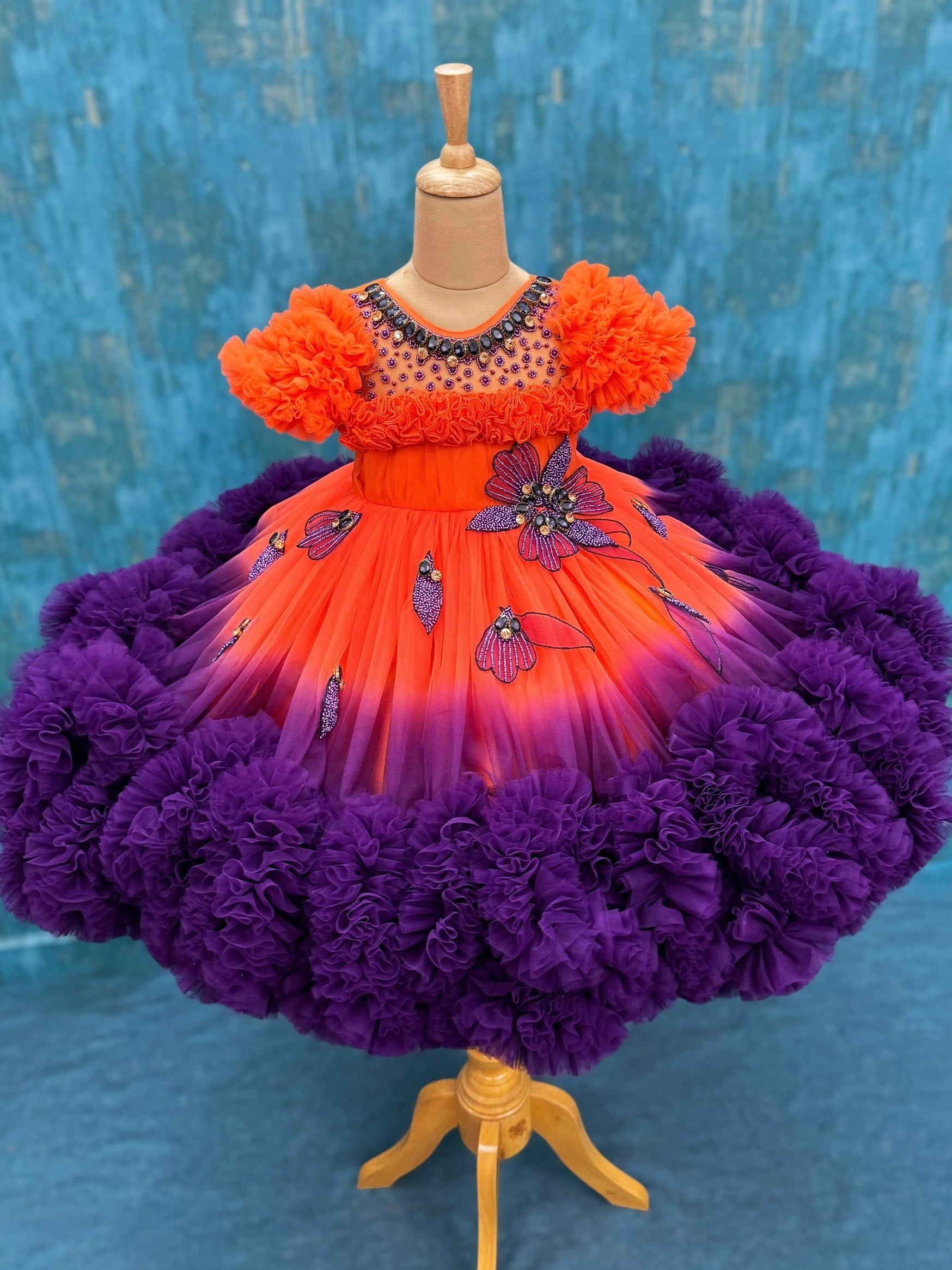 Orange- Purple shaded couture gown with hand crafted flowers