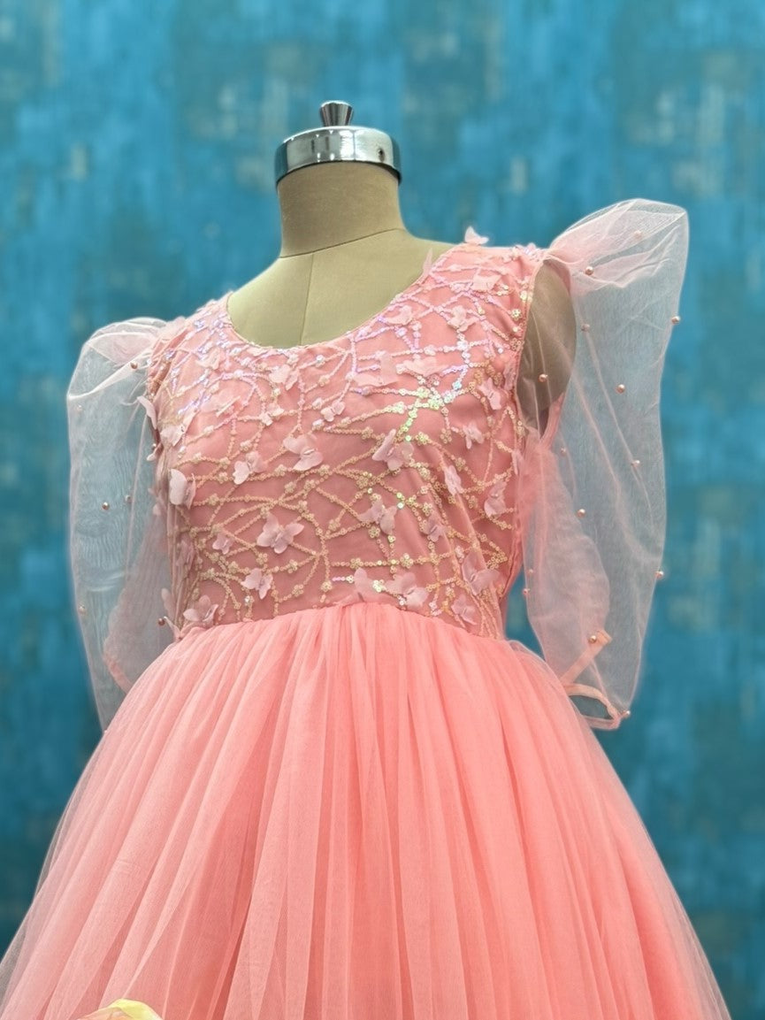 Peach Blossom Waterfall High-Low Floral Couture Dress