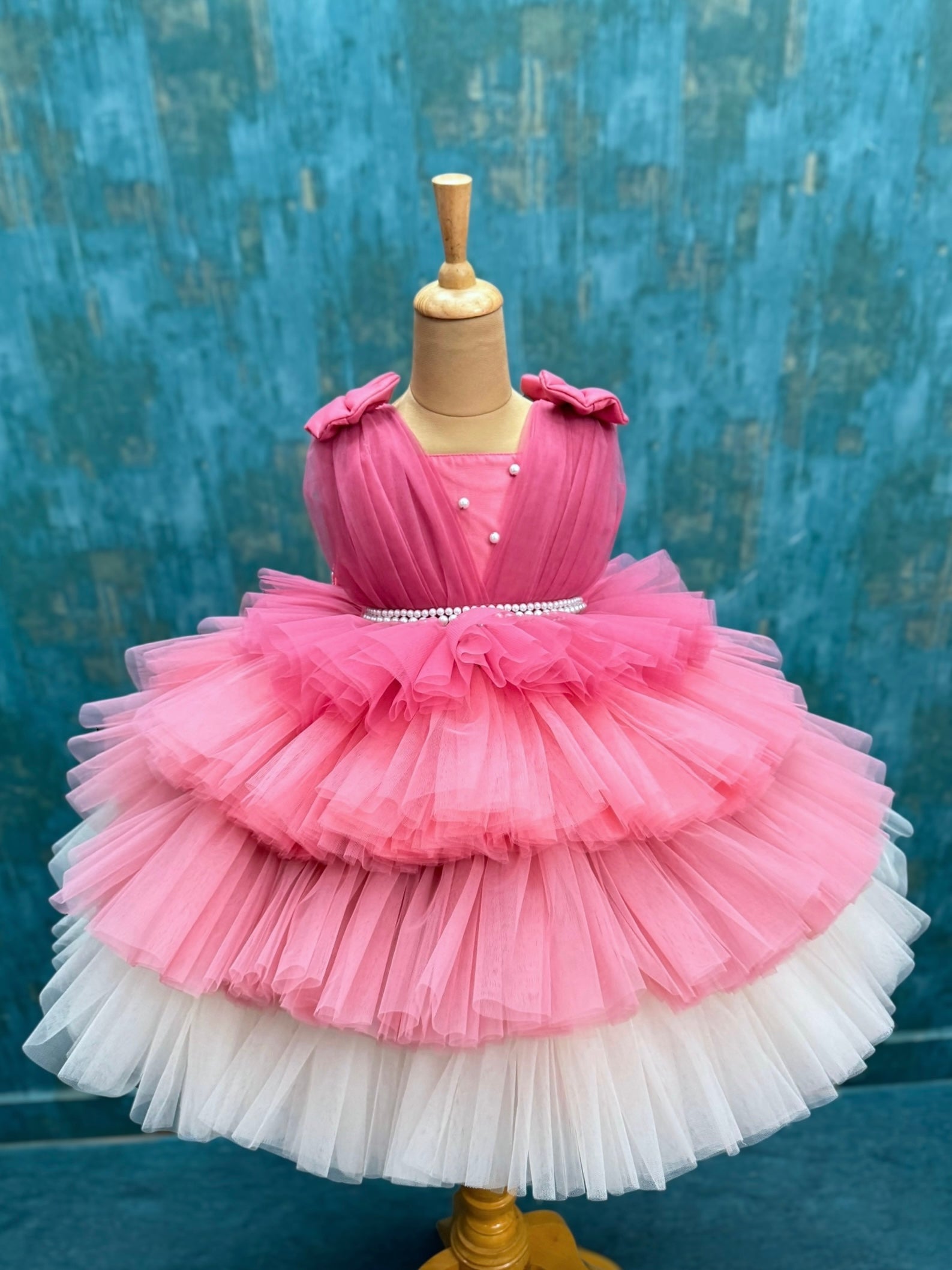 Blush Petalite Pearl-Belted Cloud Tulle Fantasy Dress