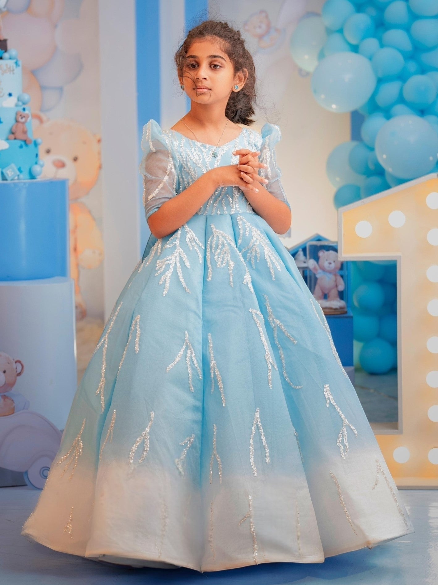 open lace back dress Ice Blue Snowfall Crystal-Embroidered Couture Princess Ball Gown 7-8y
