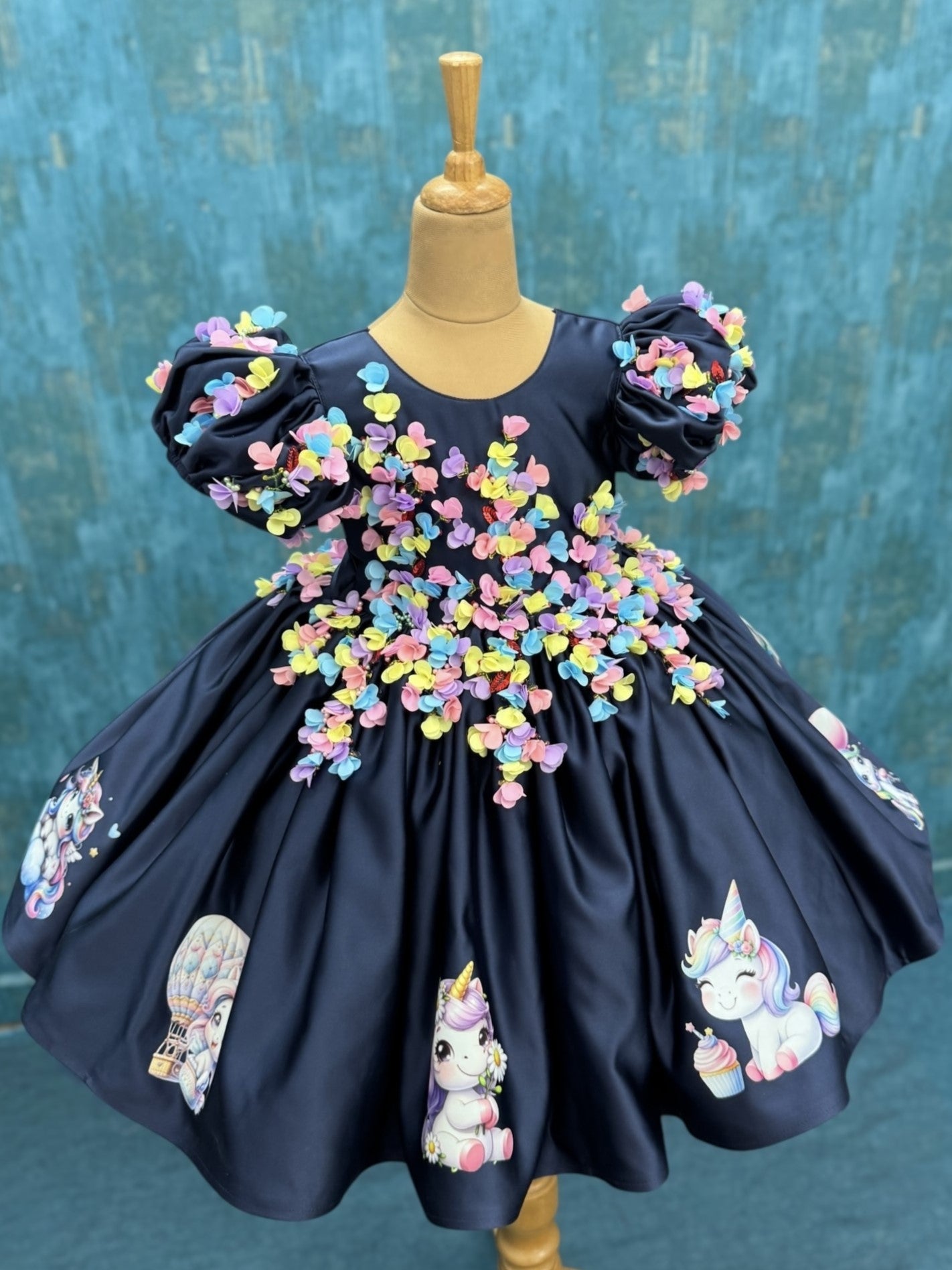 Kids Partywear Gown Online, Girls Navy Blue Unicorn Birthday Dress