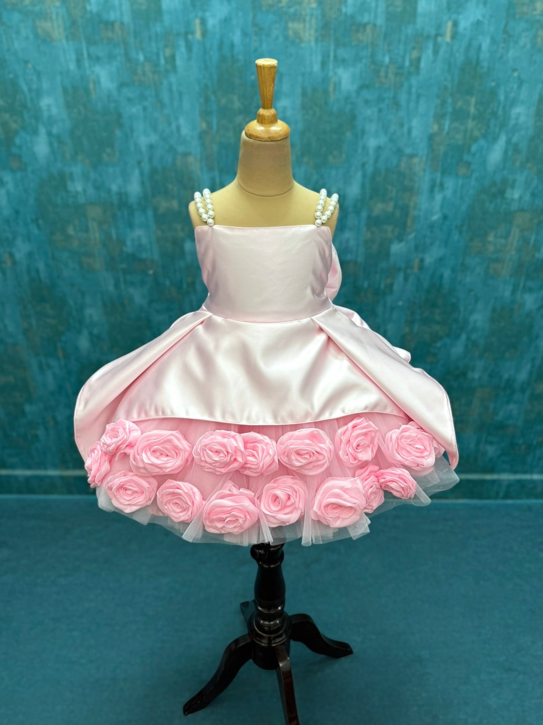 Princess-Style Pink Rose Embellished Special Occasion Dress with Double Pearl Shoulder Straps