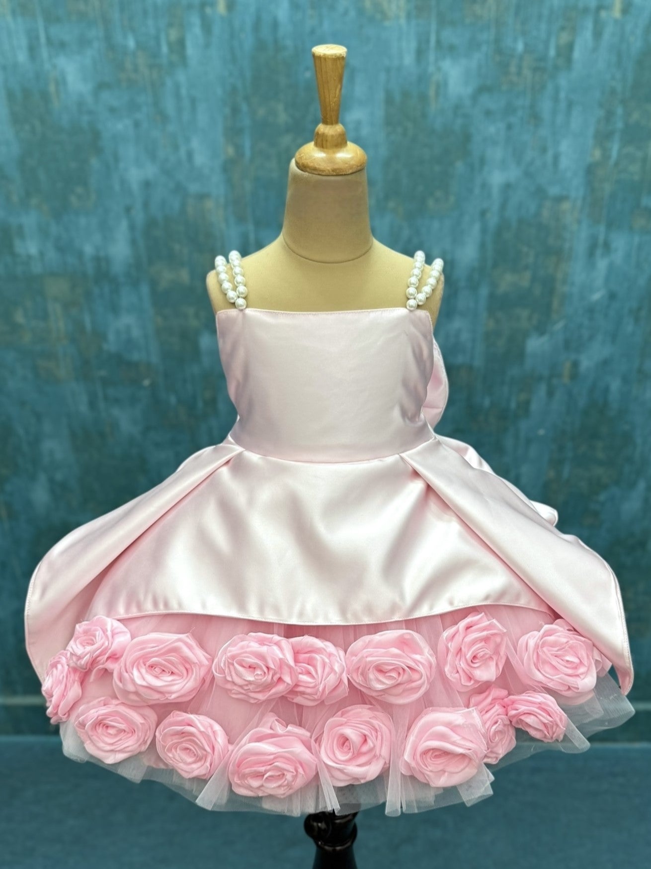 Princess-Style Pink Rose Embellished Special Occasion Dress with Double Pearl Shoulder Straps