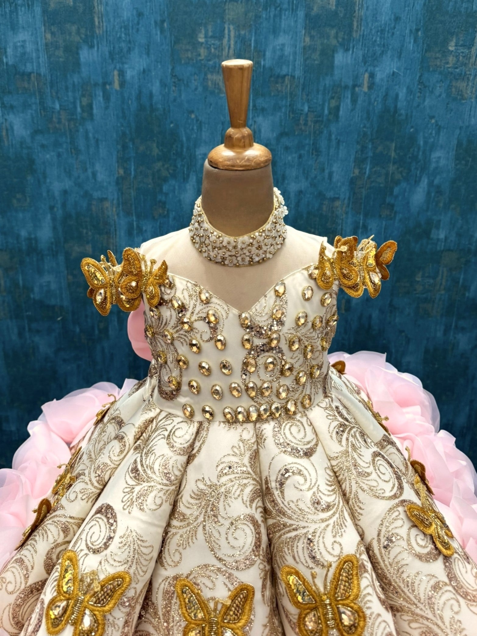 Dreamy Golden Rosette Majesty panel Gown with 3d butterfly